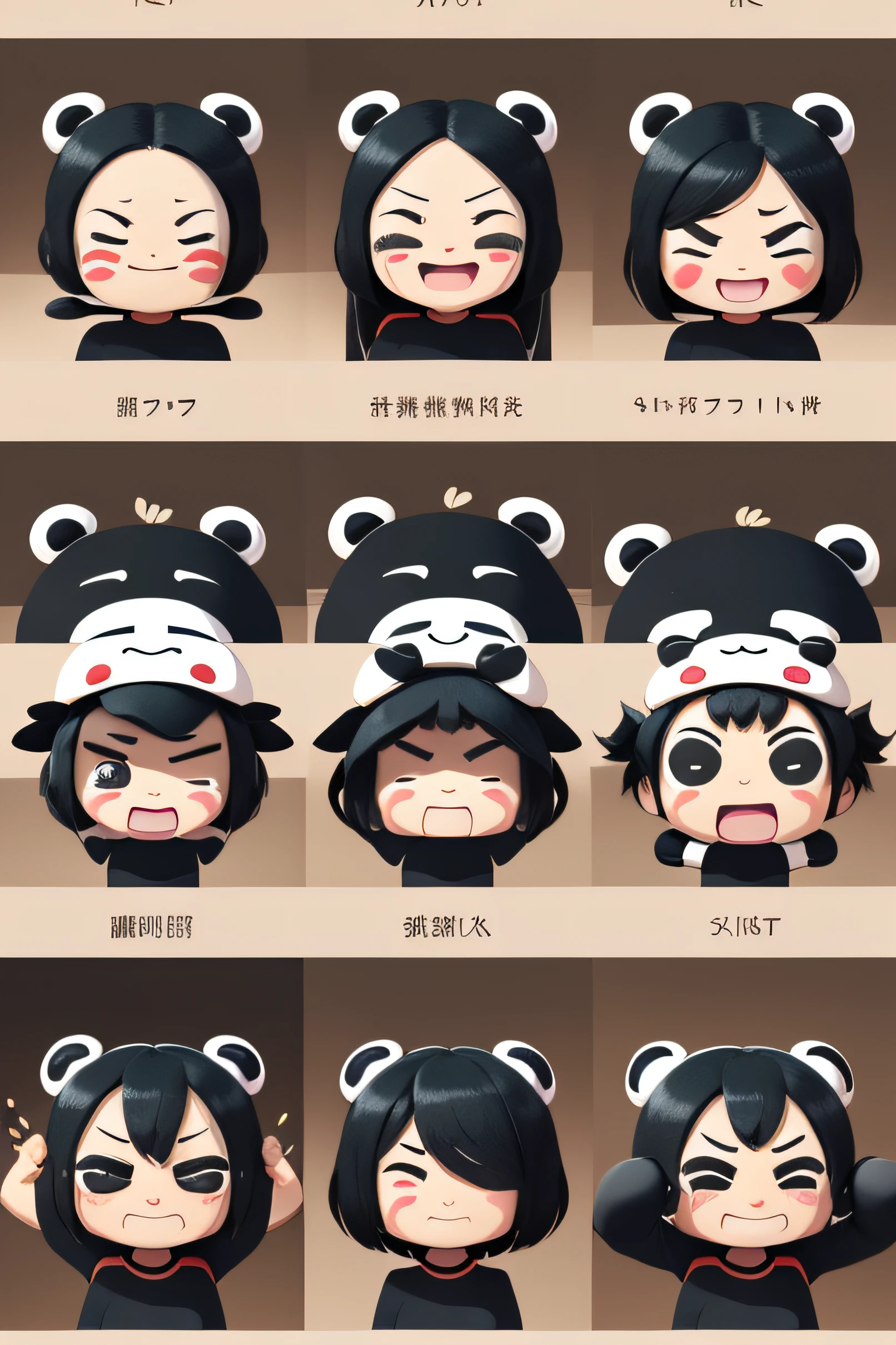 Stick figure panda avatar，Emoji pack，(9 emojis，emoji sheet of，Align arrangement)，9 poses and expressions（grieves，astonishment，having fun，exhilarated，big laughter，Angry，doubt，Touch your head，Sell moe, wait），Stick figure style，Different emotions，9 poses and expressions