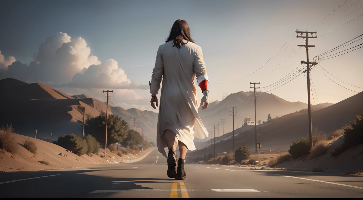 create an image of Jesus Christ walking from the front with beautiful GTA 5 style background landscape