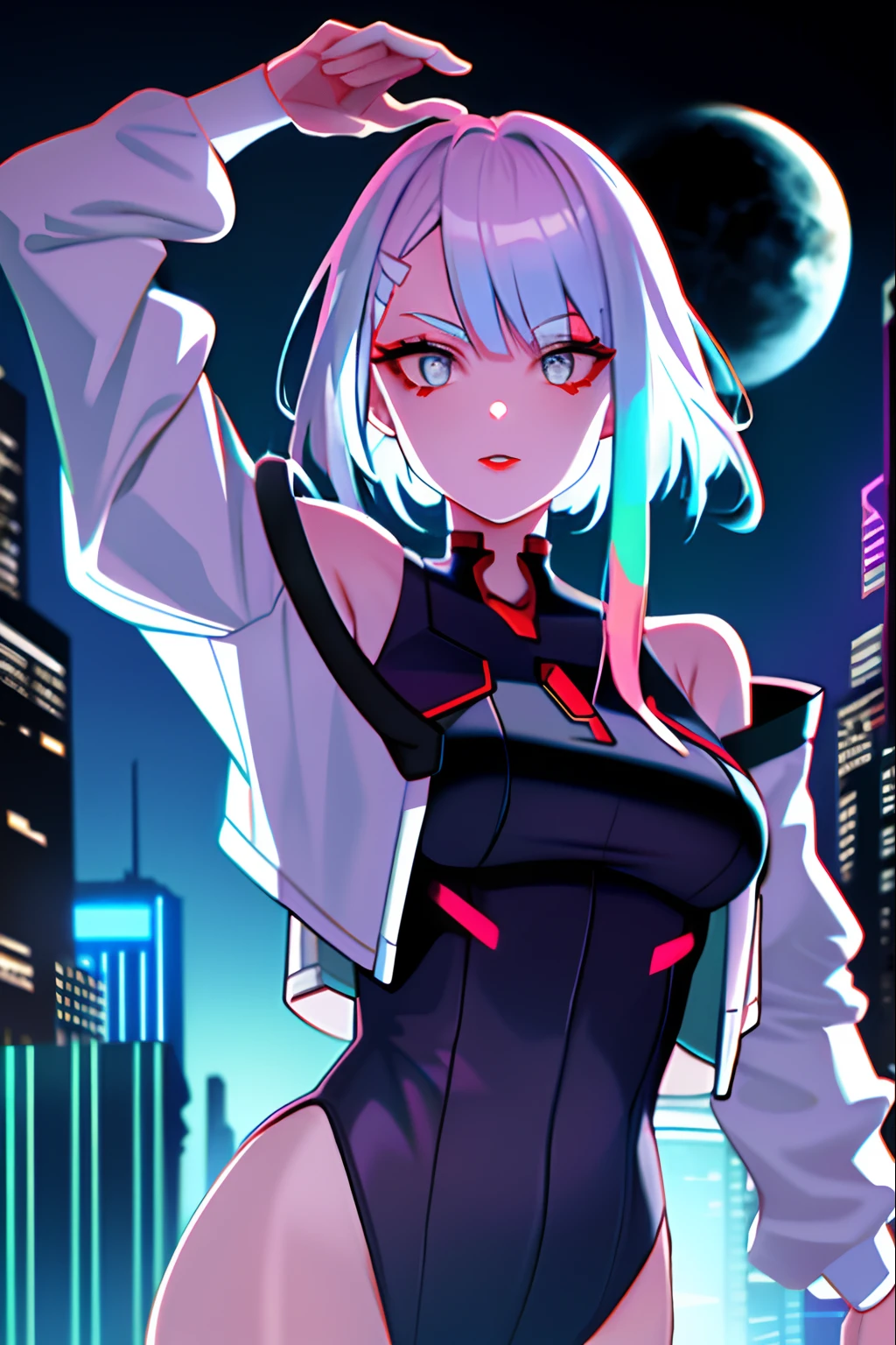 lucy \(cyberpunk\), 1girl, arm up, bangs, blue hair, colored tips, full moon, grey eyes, jacket, long sleeves, looking at viewer, medium hair, moon, multicolored hair, parted bangs, parted lips, pink hair, portrait, red eyeliner, red lips, solo, white jacket, NSFW, cyberpunk \(series\), cyberpunk edgerunners