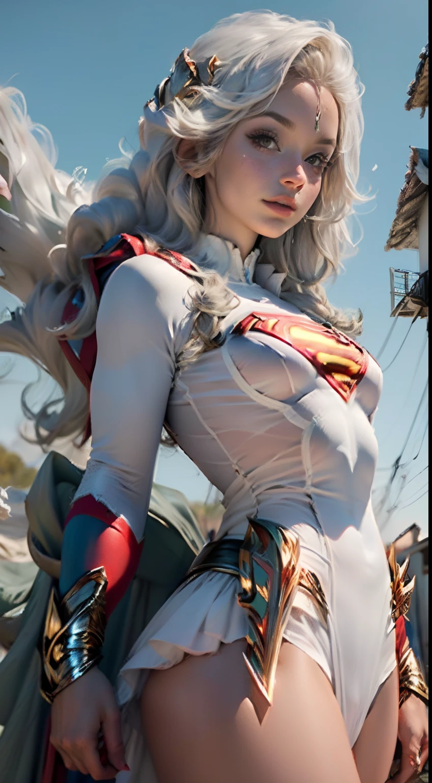 (((Mulher bonita cabelo branco longo:1.3))), (((corpo definido seios grandes))), (((vestindo cosplay de Superman:1.2))).