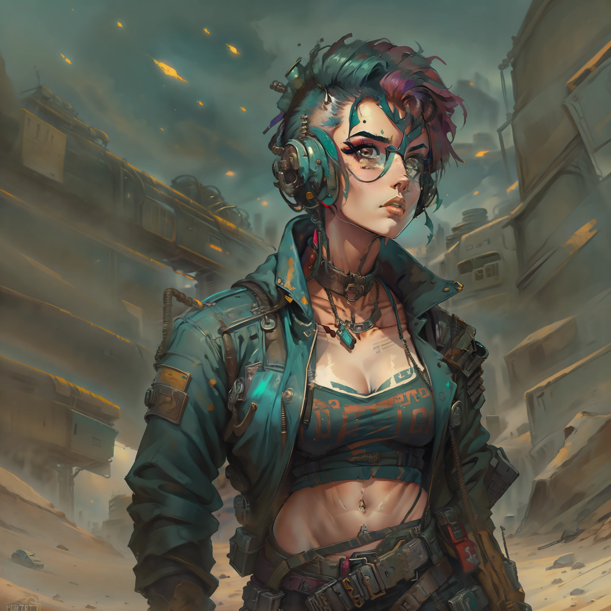 female with short shaved teal hair, wearing goggles, villain, wearing casual desert punk clothing, has lower lip stud piercings, muscular, abs visible, wearing metal collar