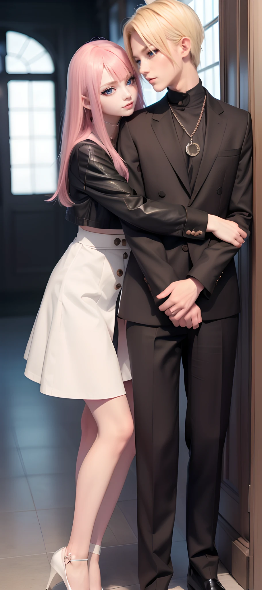 masterpiece, top-quality, 2Others, Male and female couples, 1 man and 1,, Adults, Height difference, different fashion, different color, finely eye and detailed face, intricate detailes, high school summer uniform, High school couple, School Lab, In front of the main entrance, Hands on back, A smile, Happiness, tenderness, youthfulness, high-level image quality、 Beautiful men and women、tall、hug from behind、Trying to kiss、Kissing each other, window、nightfall、nighttime scene、𝓡𝓸𝓶𝓪𝓷𝓽𝓲𝓬、Korean Male, Idol Photos, k pop, Professional Photos, Vampires, Fedoman with necklace, inspired by Sim Sa-jeong, androgynous vampire, :9 detailed face: 8, extra detailed face, detailed punk hair, ((asa)) baggy eyes, Seductive. Highly detailed, semi realistic anime, Vampires, hyperrealistic , delicate androgynous prince, imvu, short hair above the ears, Man with short hair, Woman with long hair, With a man with a glaring expression, Woman with a gentle expression, ((With a man with blonde short hair and light blue eyes)), ((Woman with pretty long pink hair and light blue eyes)),