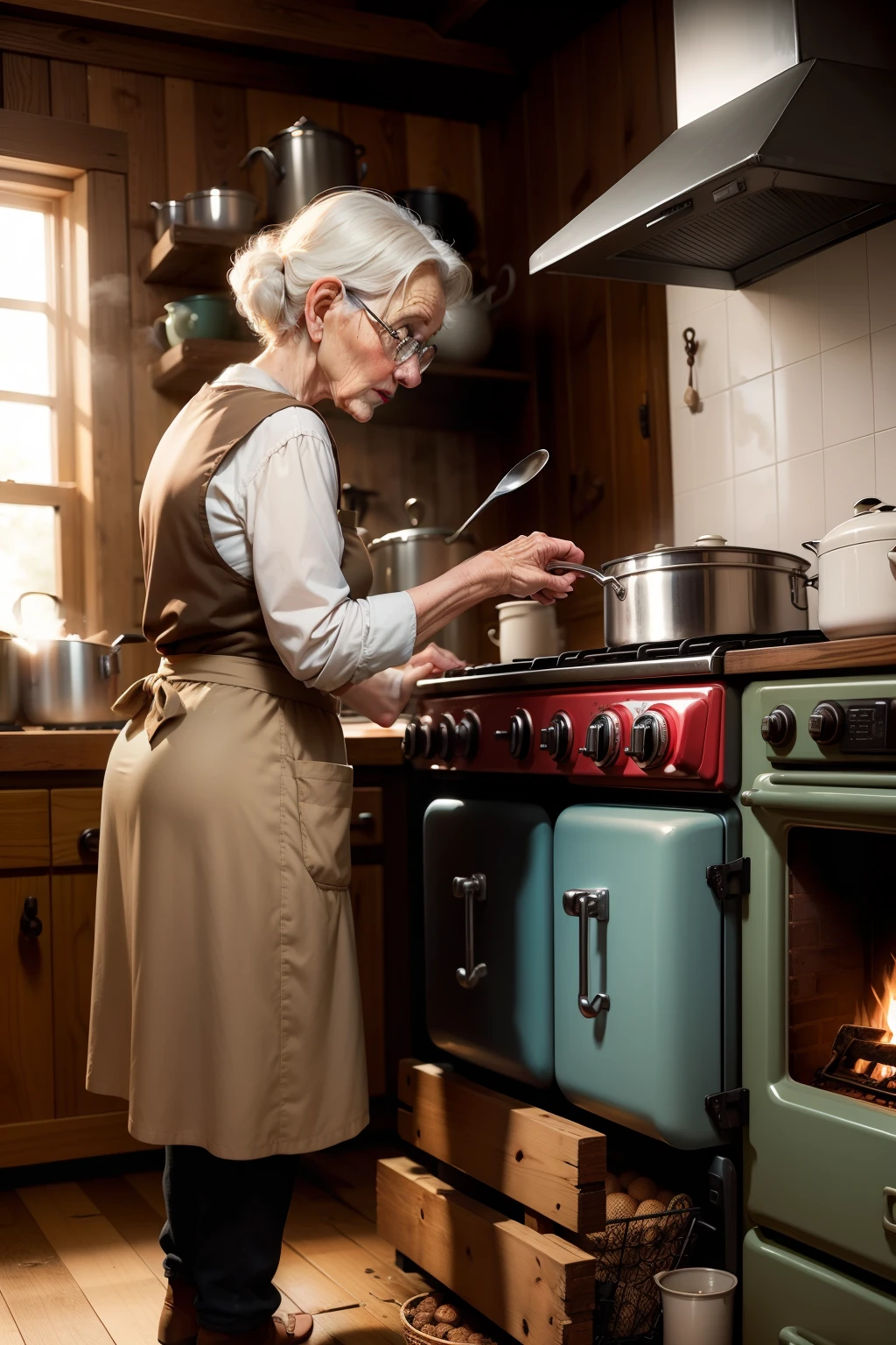 granny cooking beans on an old wood stove
