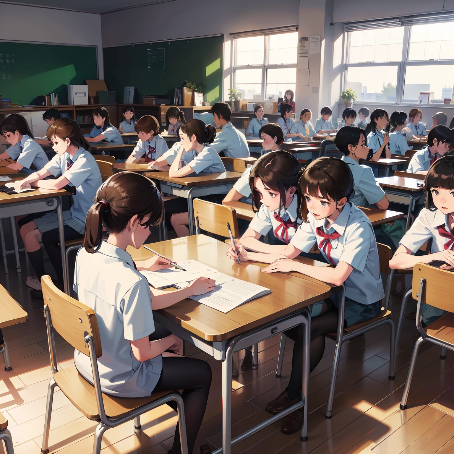 The classroom was full of students, looking straigtht ahead, Classroom, Neat uniform, Sit upright, Concentration and seriousness, Clear eyes, Curiosity, Young teacher on the podium, Flipping through textbooks, Take notes, Thirst for knowledge, Active participation, Discuss, Ideas and opinions, Energetic and positive atmosphere, Passion and drive to learn,masterpiece of best quality,4K,8K,high quarity,hight resolution,Enjoy,