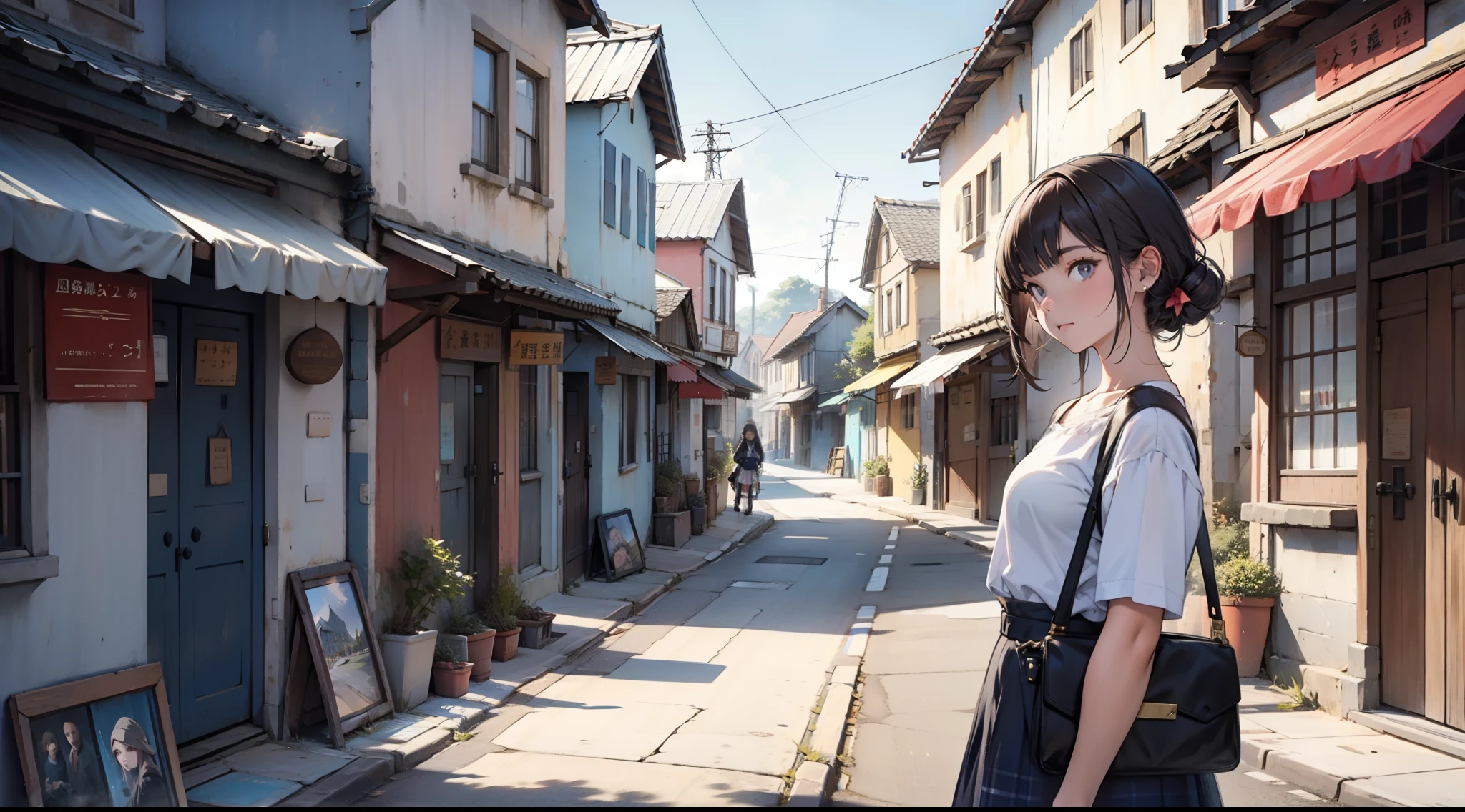 A young girl in a town