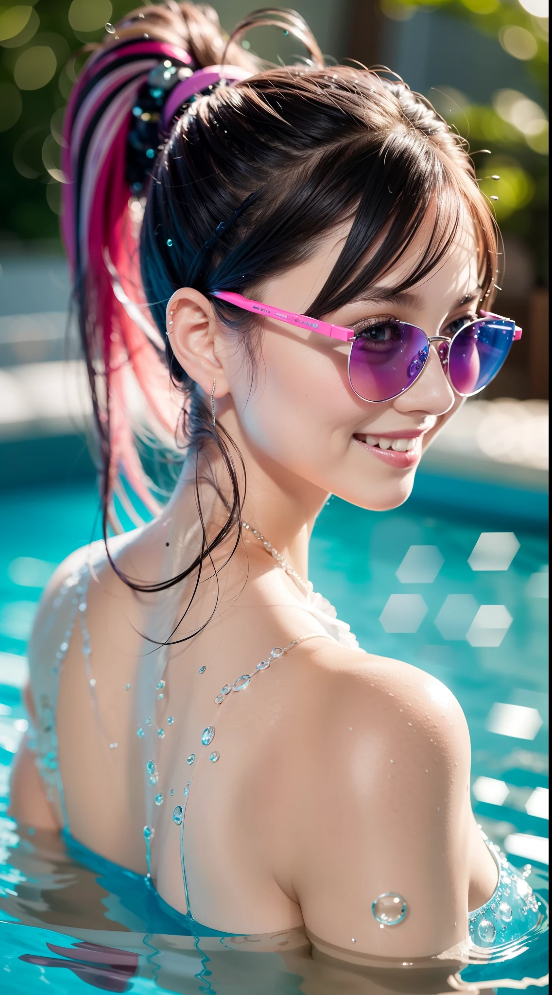 facing away from the audience，Silver-haired woman with double ponytail，watery big eyes，Pink hair accessories，Enchanted smile，Half of the pool comes out of the water，Detailed depiction of water droplets on the body，Delicate back rose pattern tattoo comes to life，sun glasses，Scene blur effect，Soft lighting，Best quality photos，16K High Resolution。