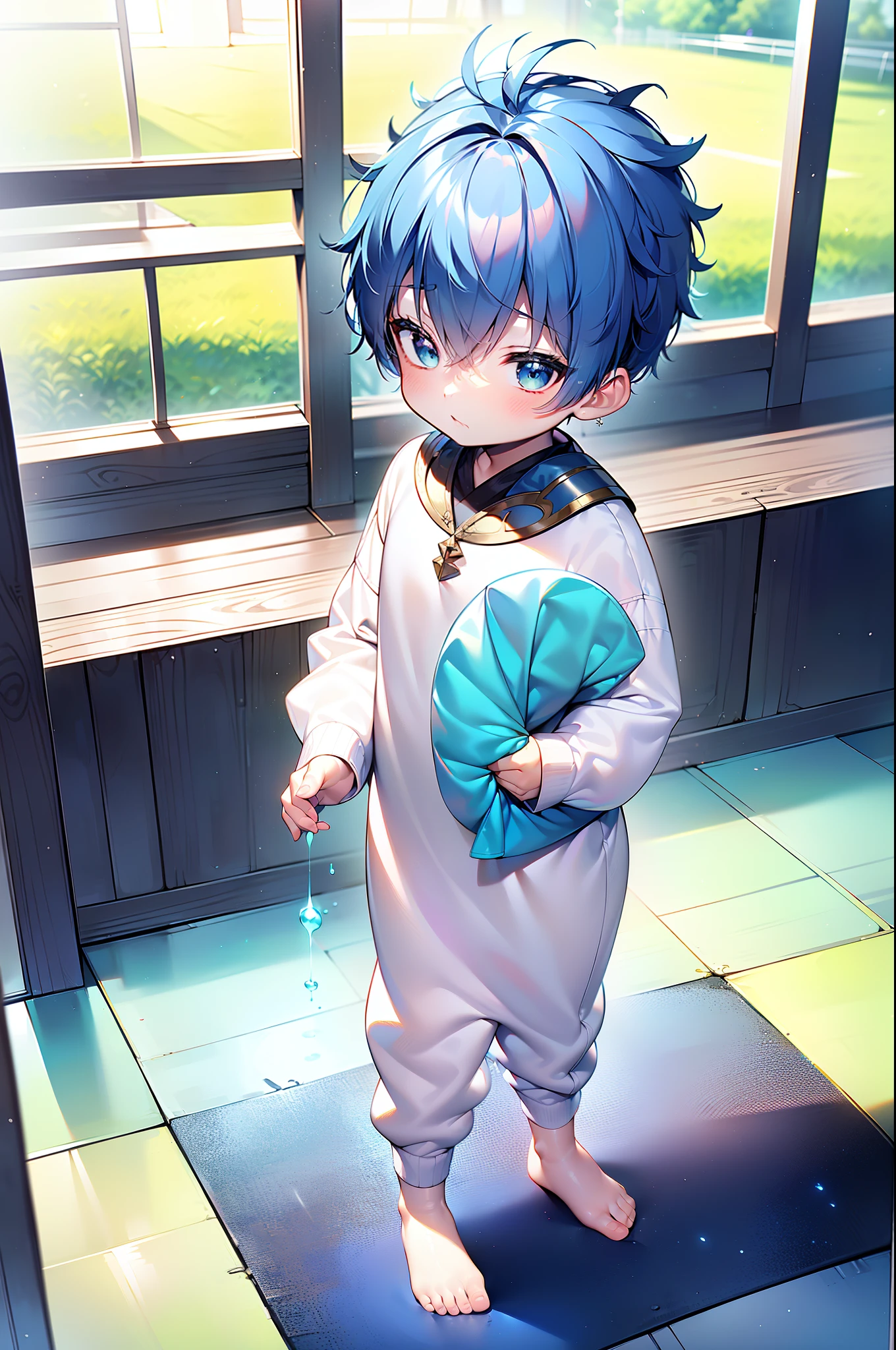 4k, (Masterpiece:1), ********** with blue colored hair and shiny, glowing cyan eyes and barefoot, standing on field, epic, cinematic, young, boy, child, small, toddler, tiny feet, focus on feet, feet, blushing, (Young:1.4), (Child:1.4), (Shota:1.4), (male:1.4), (boy:1.4), (divine clothes:1.4), (epic:1.4), (posing:1.4), (cinematic:1.4),