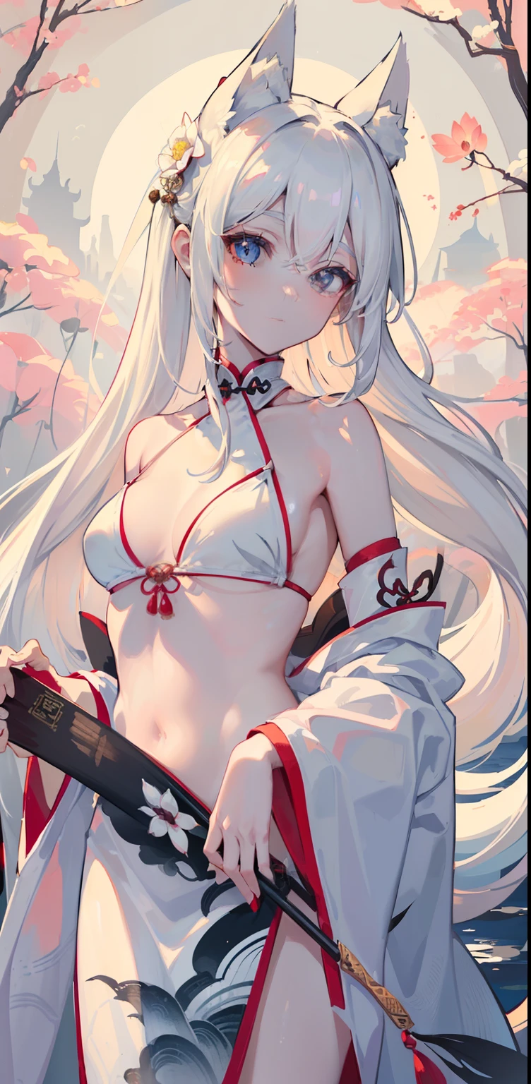 ((4k, masterpiece, best quality), shuimobysim, traditional Chinese ink painting, lotus, hanfu, maxiskit, conservatively dressed 1 girl, solo, white hair, long hair, fox ears, white, bikini, fish , many fish near the girl, look at the viewer, tease