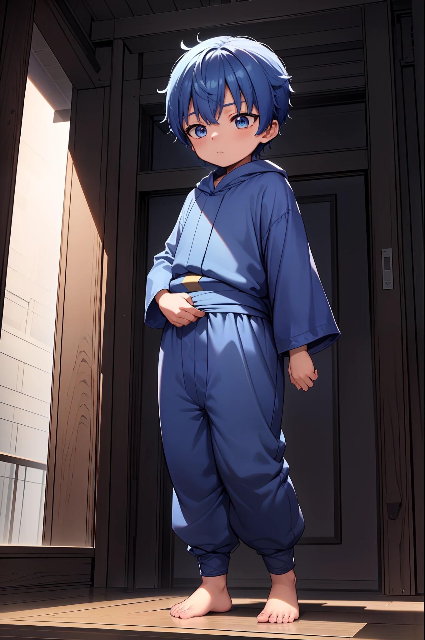 4k, (Masterpiece:1), ********** with blue colored hair and shiny, glowing cyan eyes and barefoot, standing on field, epic, cinematic, young, boy, child, small, toddler, tiny feet, focus on feet, feet, blushing, (Young:1.4), (Child:1.4), (Shota:1.4), (male:1.4), (boy:1.4), (divine clothes:1.4), (epic:1.4), (posing:1.4), (cinematic:1.4),