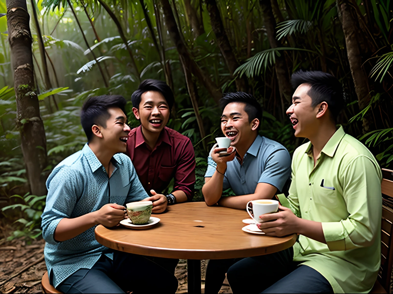 3 malay guy in baju melayu drinking coffee in thick jungle, laughing and happy,