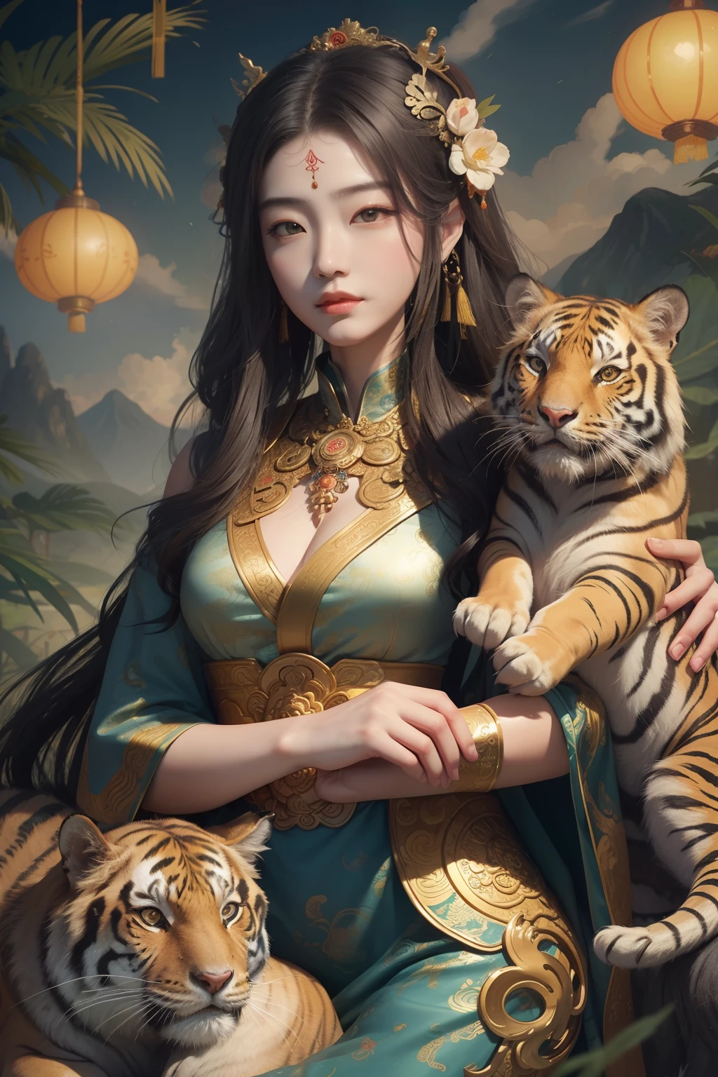 an ancient Chinese goddess, guanyin of the southern seas, Guanyin, Inspired by China, Avalokiteshvara rides a tiger,,Serene expression,shui mo hua,Buddha,Buddhist,Lotus,Chinese painting style,Thangka style