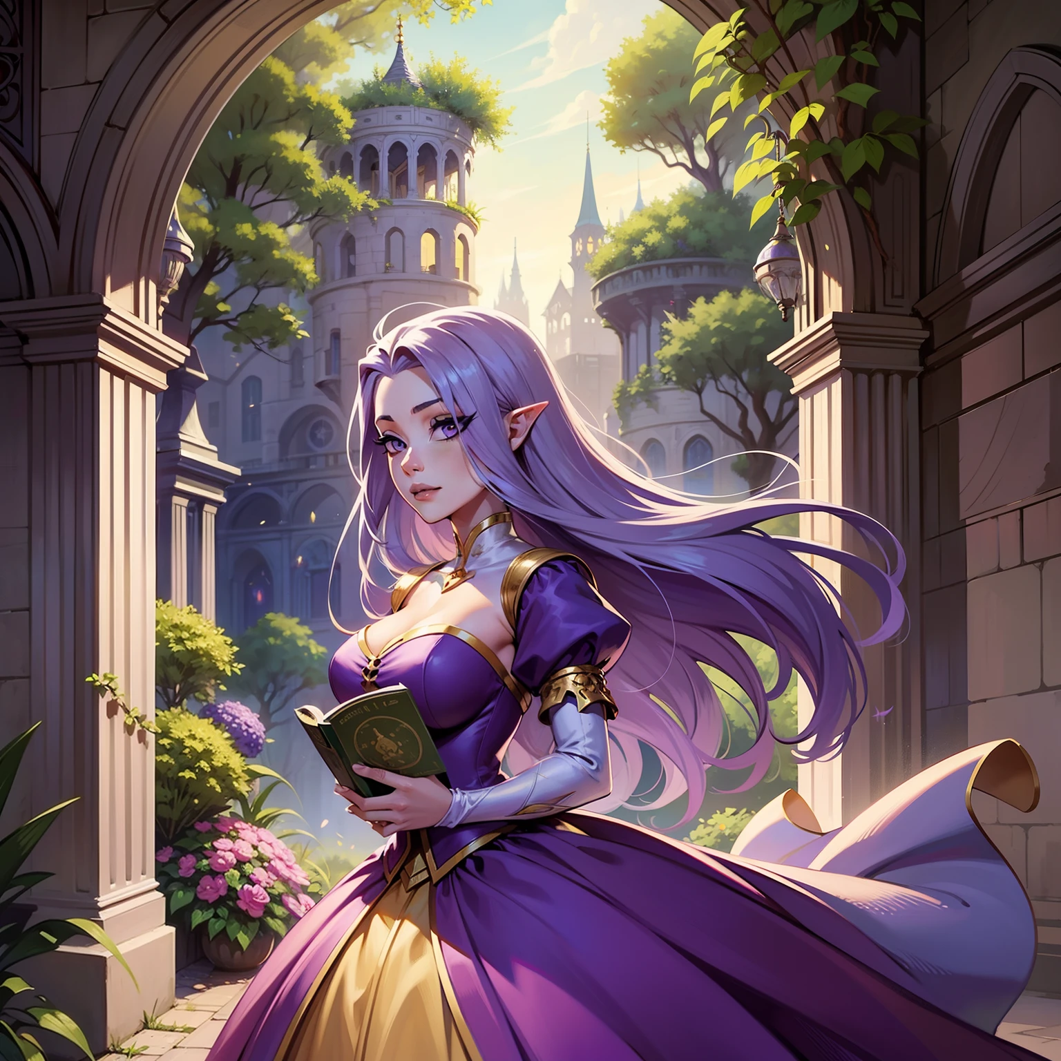 tall woman, with bluish skin, sitting on a stone throne inside a ruined castle, dominated by nature, poor lighting, gloomy place, She has a black iron crown With a purple jewel, His Expression is malicious, his eyes are purple, his lips have black lipstick, She is wearing a special type of clothing, it is purple skin that covers her entire body, this skin that covers her body is dark purple, he She has dark pink hair, her appearance is evil, She is totally seductive, her breasts are big, big breasts, huge breasts, thick thighs, big thighs, thick body Big ass, big glutes, big ass, silicone, She is sitting in a teasing way, the ruined castle has a shadowy sphere, {Best quality} {Masterpiece} {frontal focus} {focus on the woman} {poor lighting} {sexy woman}