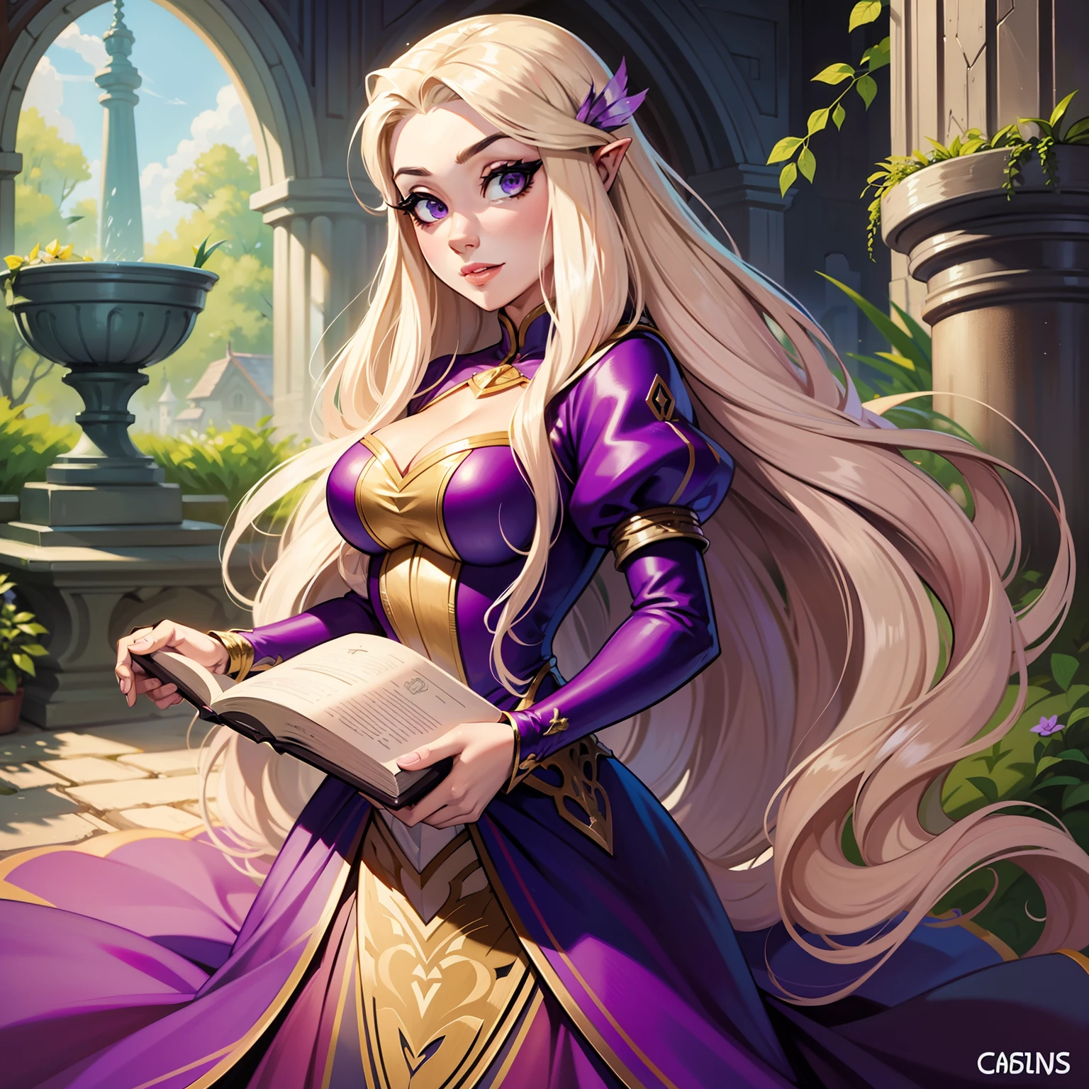 Rapunzel, fofa, art de avatar, cores planas, cabelos loiros muito longos, cabelo da Rapunzel, comic art, capa de comic, flowing violet dress, fundo estrelado, corada, sorrindo feliz, Rapunzel de enrolados, corpo
inteiro, with a book in hand and a curious look