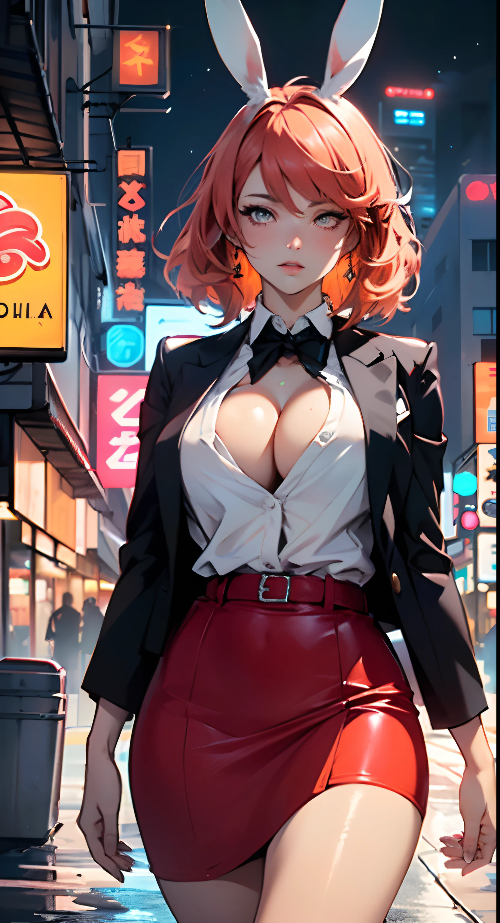 cute bunny girl,(((1girl))),((anime bunny girl with extremely cute and beautiful orange hair walking seductively down the street)),(((bunny girl,anthro furry cute,bunny-girl))),(((bunny ears,bunny ears on head,big bunny ears))),
(large breasts:1.4),saggy breasts,(((red orange hair:1.35,colored inner hair,ear breathing,large hair))),((heterochromia,eye1 red,eye2 orange,perfect eyes,upturned eyes:1.3,beautiful detailed eyes,finely detailed beautiful eyes:1,big highlight on eyes:1.2,slanted eyes)),((fat)),(((lustrous skin:1.5,bright skin: 1.5,skin tanned,shiny skin,very shiny skin,shiny body,plastic glitter skin,exaggerated shiny skin))),(spider lower abdomen,narrow waist,wide hip,athletic body,inflated legs,delicate detailed fingers,detailed body,detailed arms,human hands,(detailed face)),
cute,slutty,seductive,erotic,(((nsfw))),
(((wearing dark red formal blazer,short skirt,))),(((huge cleavage))),(detailed outfit,detailed clothes),
(dynamic pose:1.0),solo focus,embarrassed,centered,scale to fit dimensions,Rule of thirds,
outdoors,((night view)),(very pretty city neon synthwave,cyberpunk night street Background:1.5,dark sky,thick clouds),future vehicles,((neon lights)),thick clouds,(cyberpunk style,neon lights, (synthwave theme background), lonely street),(((detailed background:1.25))),
(best quality),(high resolution),(sharp focus),(ultra detailed),(extremely detailed),(extremely high quality artwork),8k_wallpaper,(extremely detailed CG 8k),(very fine 8K CG),((hyper super ultra detailed perfect piece)),flawless,(((masterpiece))),illustration,vibrant colors,(intricate),High contrast,Selective lighting,Double exposure,HDR (High Dynamic Range),Post-processing,Background blur,