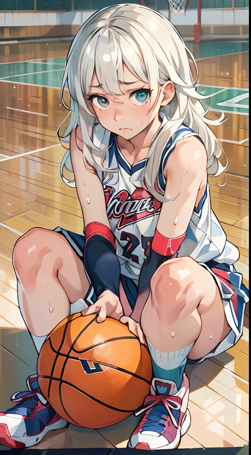 (((masterpiece))), (((best quality))), (((ultra detailed))), (((high-resolution))), ((super fine illustration)), ((Ultimate cutie)), detailed beautiful face,(white hair), shiny hair, ((((gyaru)))), (medium breasts), (((solo))), (((embarrassed expression))), (kneeling down female basketball player), (((Crotch on the ball))), (sleeveless basketball Uniform), knee pad, elbow pad, ((sweat)), ((covered in sweat)), ((fog)), in basketball Court, lighting, ((from behind)),(((looking at viewer)))