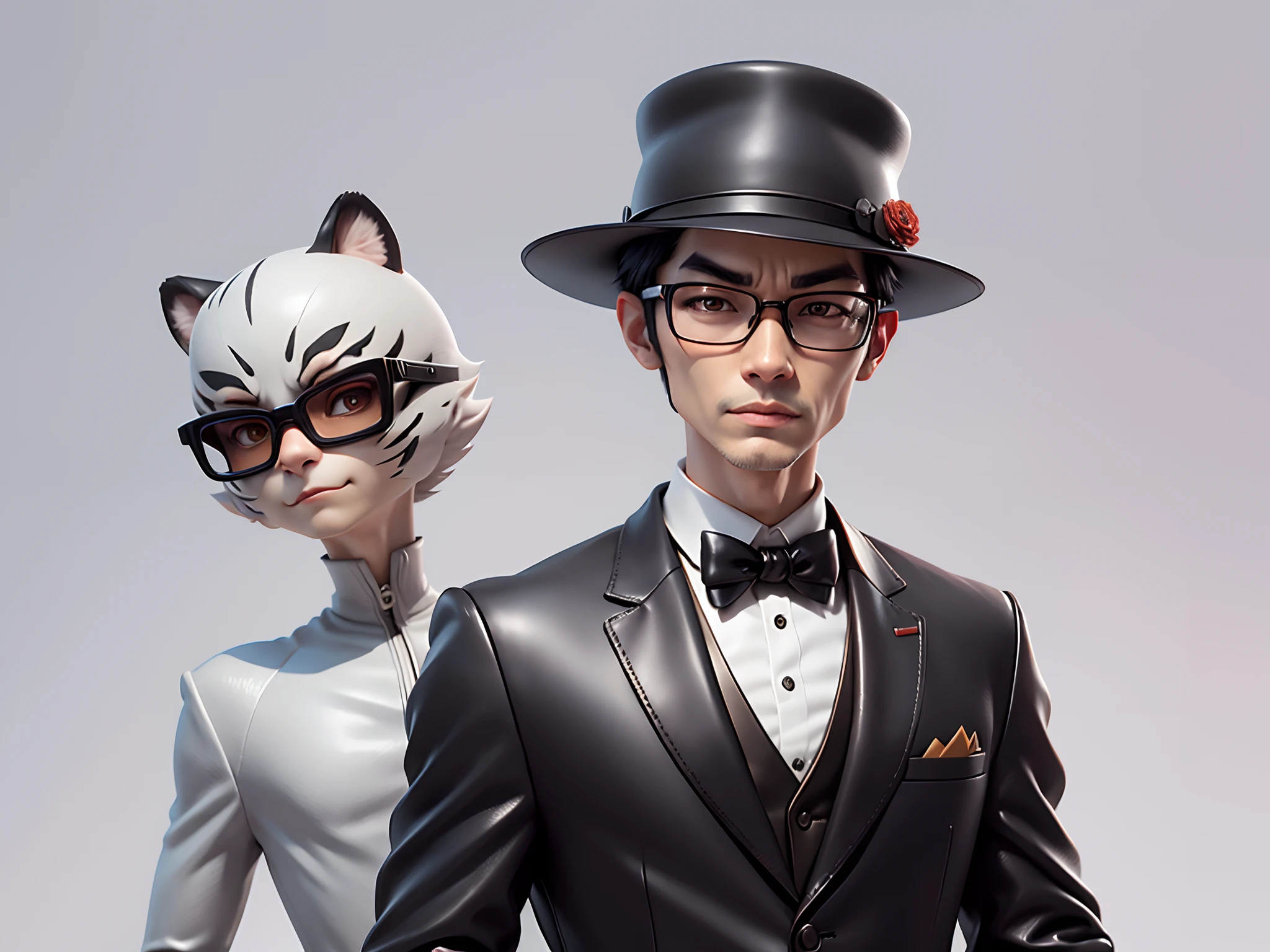 Young man with oriental face in leather hat, tiger, oriental face in formal suit, short black hair, silver glasses, digital painting, 3D character design by Mark Clairedon and Pixar and Hayao Miyazaki and Akira Toriyama, the illustration is a high-definition illustration in 4K resolution with very detailed facial features and cartoon-style visuals.