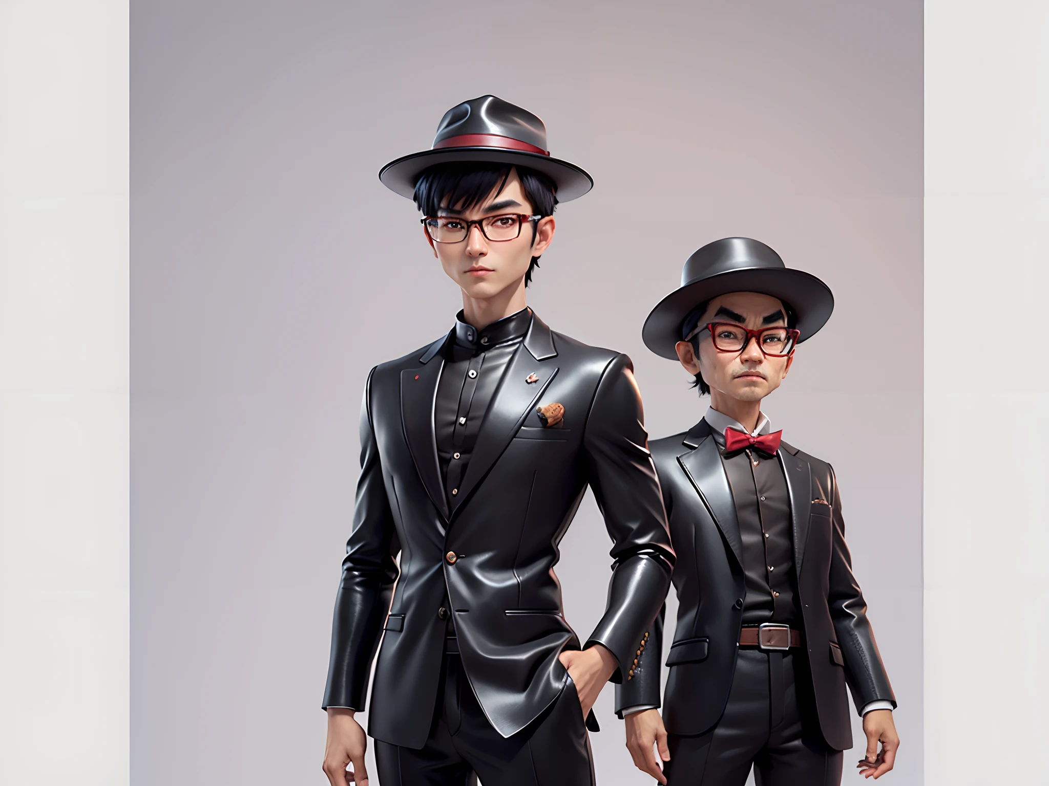 Young man with oriental face in leather hat, tiger, oriental face in formal suit, short black hair, silver glasses, digital painting, 3D character design by Mark Clairedon and Pixar and Hayao Miyazaki and Akira Toriyama, the illustration is a high-definition illustration in 4K resolution with very detailed facial features and cartoon-style visuals.