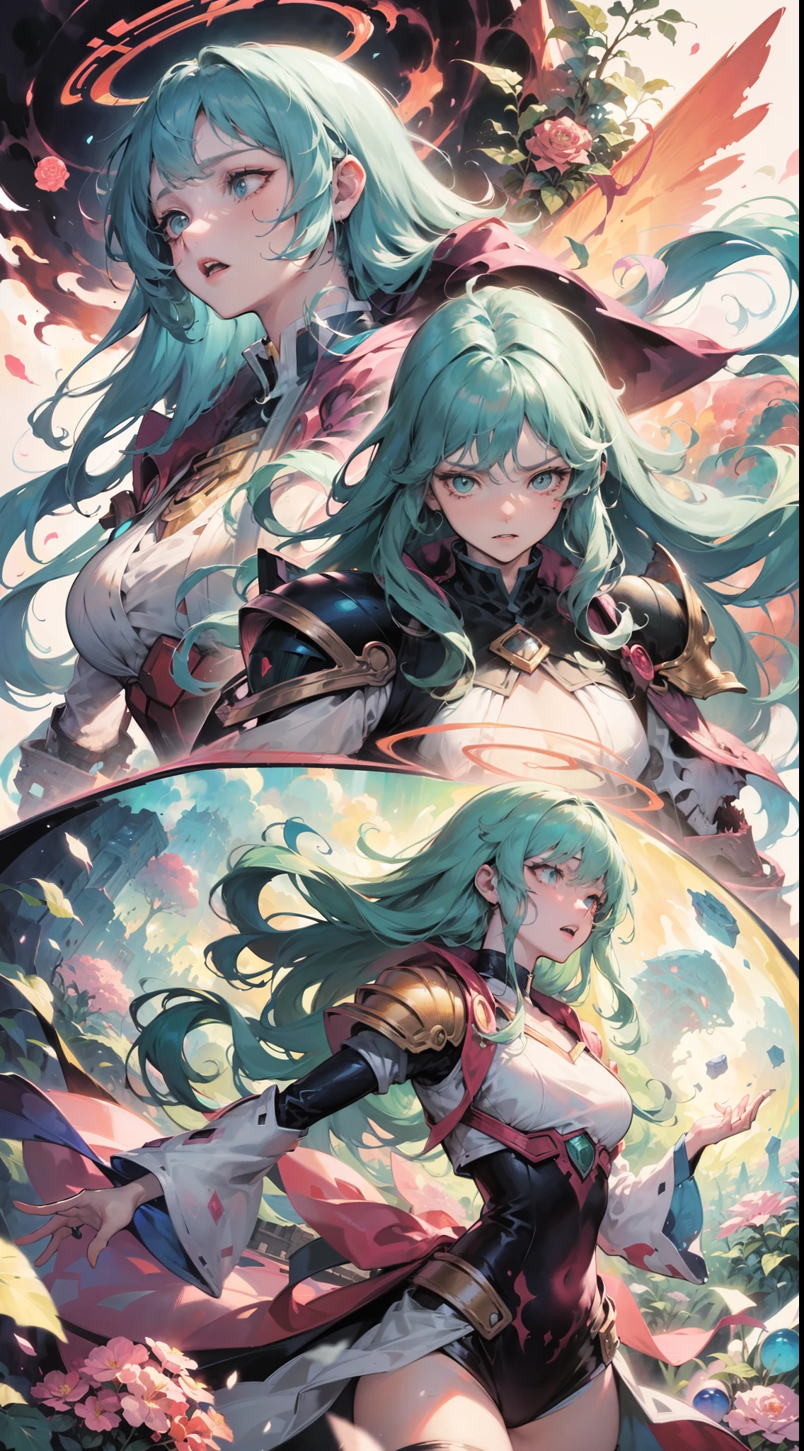 {masterpiece}, (comic book), (Concept Design of Comic Page), the style to Weekly Shonen Jump Japanese comic style, Colorfulful hand painted comic style,((ink splashing))，((colorful splashing)),colorful[watercolorful style:Sketch:0.4] background,best quality,highly detailed, Beautiful and delicate face, beautiful and delicate eyes,two girls wearing colorful flower embroidery armor mecha with wings,Mobile Suit Girl and gundam style,face to face,kissing,Deep Kiss,Saturn ring Halo _under_clothes,diamond and glaring eyes,Crystal like heterochromatic pupil,scarred face,blood tears floating,{long colorful hair},short wavy hair,The two girls fighting with the black vampire king(silvery flowers armor mecha+Bloody Wolf Teeth+ wings), Colorful plant tentacles _under_clothes,color castlevania and Demon King's Castle Surrounded by vine plants As background, dynamic angle,Detailed Sketch and watercolor castlevania and Demon King's Castle Interior, ( comic split lens:1.1)+( Delicate Color Sketch portrait:0.8)+( highly detailed illustration:1.0)+( Multi view conversion lens:1.0),( speech bubble + speak arrow (symbol)+ Japanese castlevania adventure comic：1.3), Size combination grid and Frameless grid, Velocity line , Concentration line , ([Beautiful girls get together:5|Japanese speech bubble:2| Intense battle in castlevania and Demon King's Castle:3| highly detailed background:3]:1.4),highly detailed,Best quality,comic book page style,Art by Monokubo，Mai Neyama，fuzichoco,
