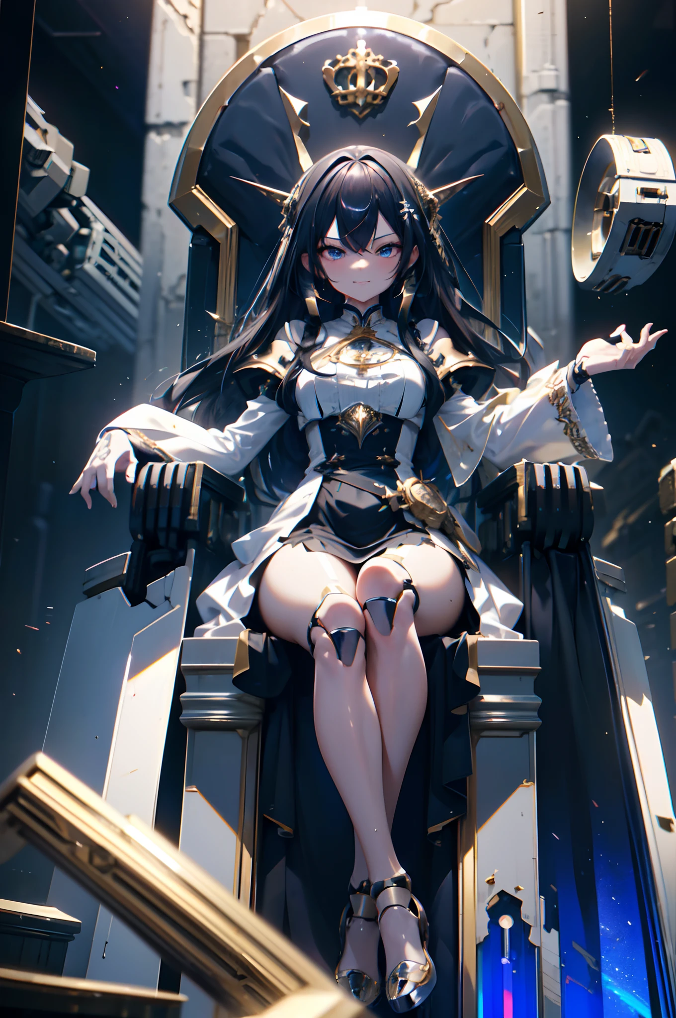 machine skin girl, black long hair, (beatiful detailed eyes), (Exposure of the body's internal machinery:1.3), (Mechanical joints, machanical limbs), (five fingers, 4fingers and 1thumb), sitting, crossed_leg, smirk, (throne), sexy long dress, (Composition looking up from an oblique angle), Masterpiece, best quality, captures a super cute moment, depth of field, ultra detailed, ultra high resolution, C4D, Octadale, 3D modeling, 8k, 16k,