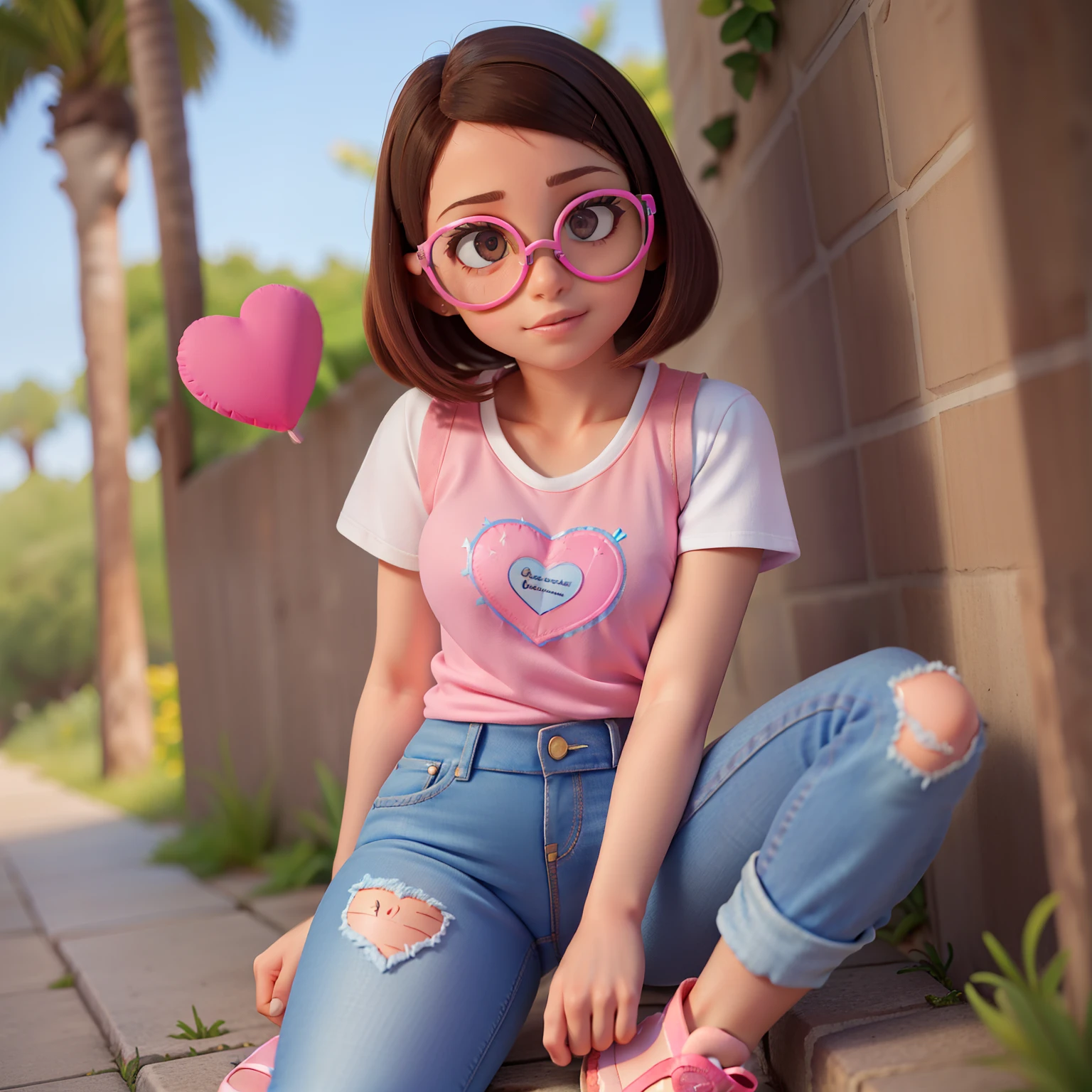 (1 ****** chamada Ana), (cabelo castanho, olhos castanhos claros, pele castanha clara), (wearing a pink T-shirt with vest hearts, jeans, sapato, colar de estrela e usando oculos) fundo transparente