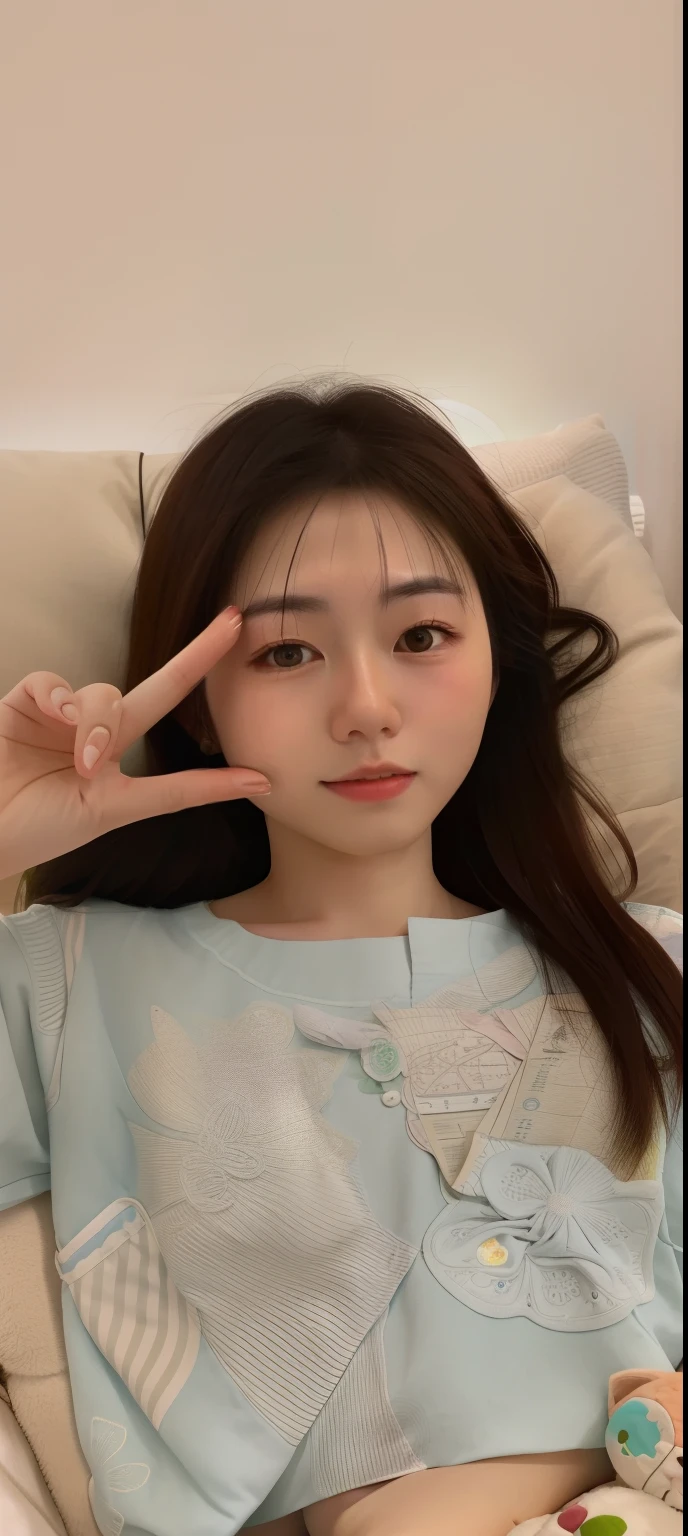 The original picture is animated,there is a woman that is laying down on a bed,There is a cat on his lap, young lovely Korean faces, young cute wan asian face, nomake-up, Zhang Wanting, Young Asian girl, Gemma Chen, jaeyeon nam, with kind face, with small nose, Asian face, with index finger, 2 , 8k selfie photograph, wenfei ye, clear cute face