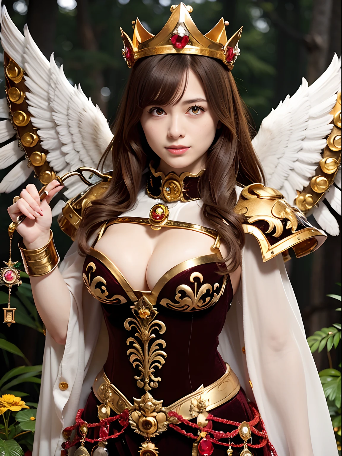 (masutepiece), Professional , ​masterpiece、top-quality、photos realistic , depth of fields （Gemstone Silver Metal Body:1.９),(Matte White、(Gangle's forest background),（Brown hair long straight）、Jewel Gold Weapon、（Castle background),Gorgeous metal weapons,(Detailed and realistic angel white wings) , Detailed Sword of the Brave , Beautiful knife 、delicated face、20 years girl  ,warhammer 40k , adepta sororitas,Detail and ornate jewel crown、a blond、(Gangle's forest background)、Beautiful Caucasian beauty、１a person、dynamic ungle,(((Detailed and ornate diamond crown)))、Smaller head、A smile、Powerful poses、Beautiful thin fingers of a woman、cleavage of the 、