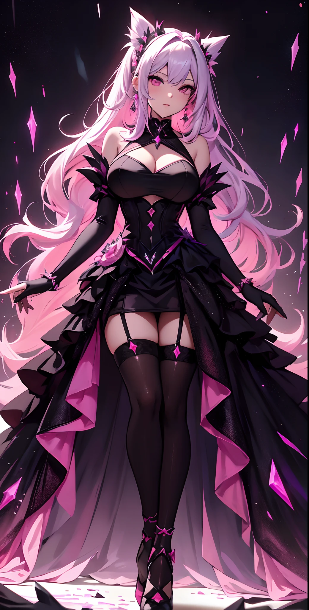 best qualityer,tmasterpiece,Ultimate resolution,downy,Extremely colorful,Colorful,Lady,a matural female,Black dress long dress,Gorgeous dress,huge tit,(Ultra-short pink and white hair,A bun),(black lence stockings,Stiletto sandals),soles of feet,Pink starry sky,Normal posture,Normal posture