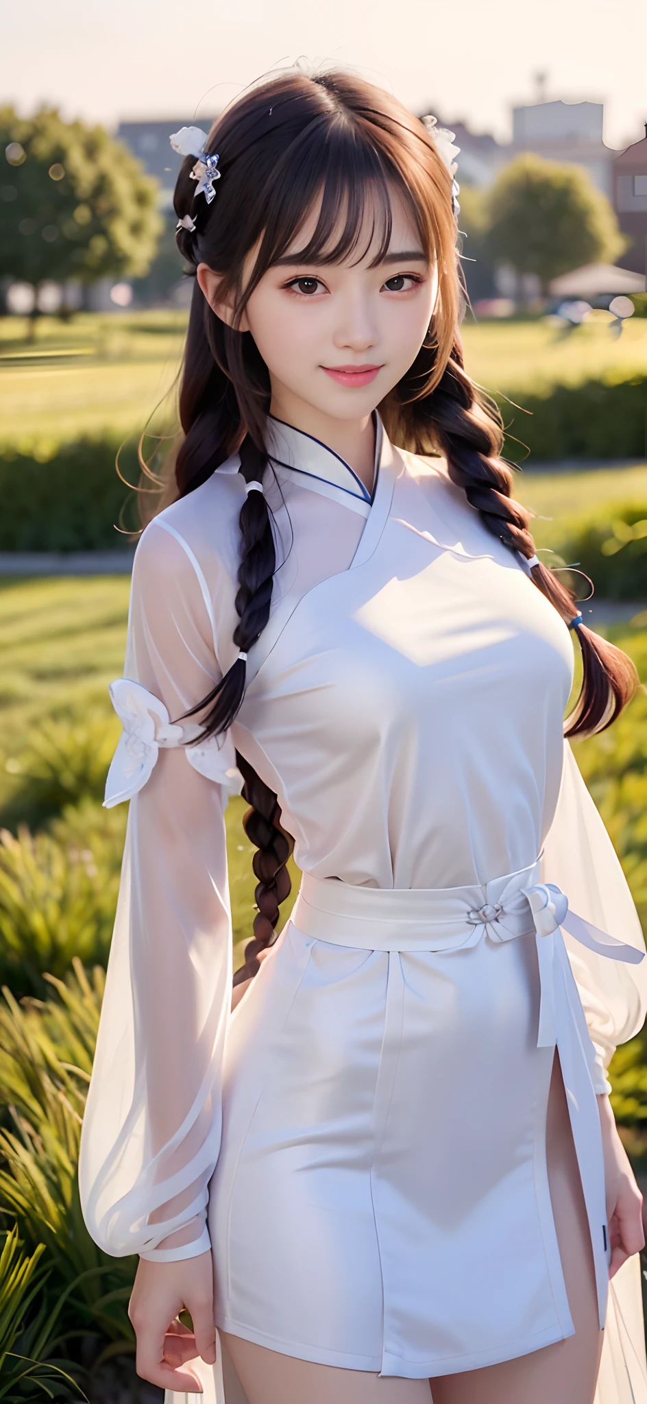-yeld smng female classmate,(best qualtiy,8K,tmasterpiece:1.3),Goose egg face,largeeyes,long eyelasher,Cool handsome,Exquisite(live-action realistic style),Star-like eyes,Ultimate face,Photorealistic light and shadow,Clear facial features,Milky white skin,Fair skin, highdetailskin, Realistic skin details, Visible Pore,(Super detail),Petite body,(perfect bodies:1.1),Two braids,Hanfu,Ribbons,(dynamicposes),((Dynamic background((volumettic light:1.3)) ,grassy fields