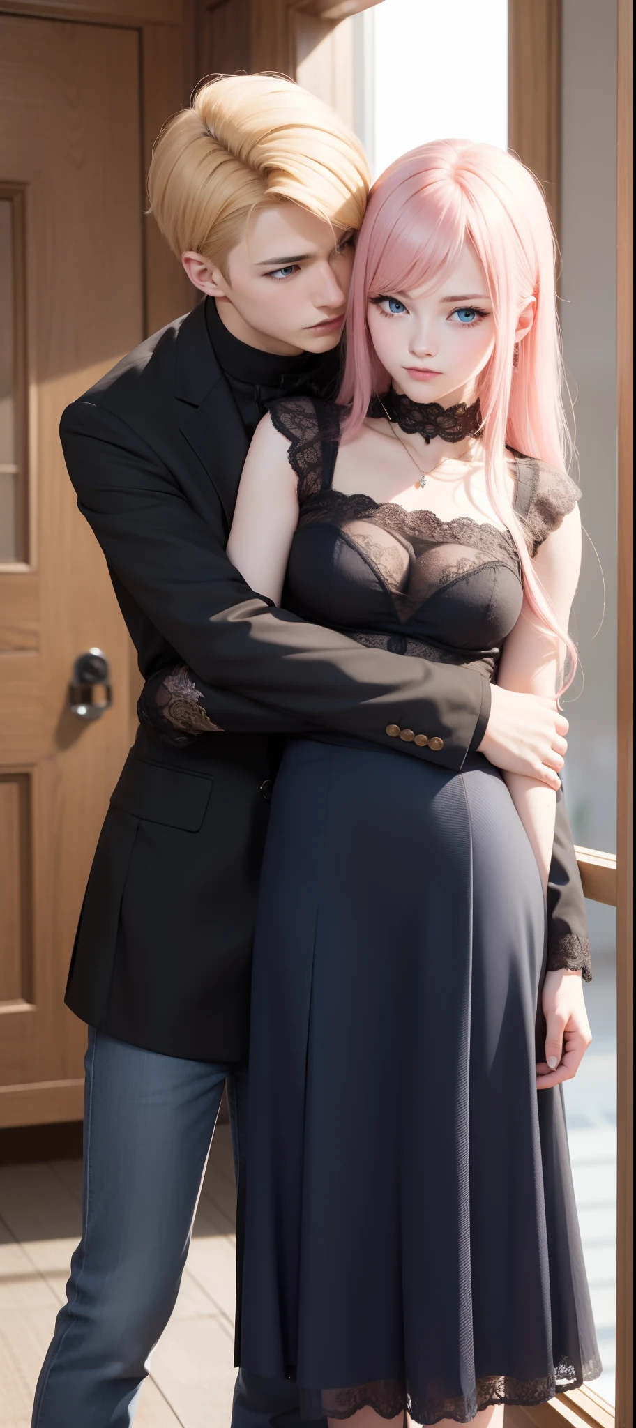 masterpiece, top-quality, 2Others, Male and female couples, 1 man and 1,, Adults, Height difference, different color, finely eye and detailed face, intricate detailes, high school summer uniform, High school couple, School Lab, In front of the main entrance, Hands on back, A smile, Happiness, tenderness, youthfulness, high-level image quality、 Beautiful men and women、tall、hug from behind、Trying to kiss、Kissing each other, window、nightfall、nighttime scene、𝓡𝓸𝓶𝓪𝓷𝓽𝓲𝓬、British men, Idol Photos, k pop, Professional Photos, Vampires, Fedoman with necklace, inspired by Sim Sa-jeong, androgynous vampire, :9 detailed face: 8, extra detailed face, detailed punk hair, ((asa)) baggy eyes, Seductive. Highly detailed, semi realistic anime, Vampires, hyperrealistic , delicate androgynous prince, imvu, short hair above the ears, Man with short hair, Woman with long hair, With a man with a glaring expression, Woman with a gentle expression, ((With a British man with short blond hair and light blue eyes)), ((Woman with pretty long pink hair and light blue eyes)),