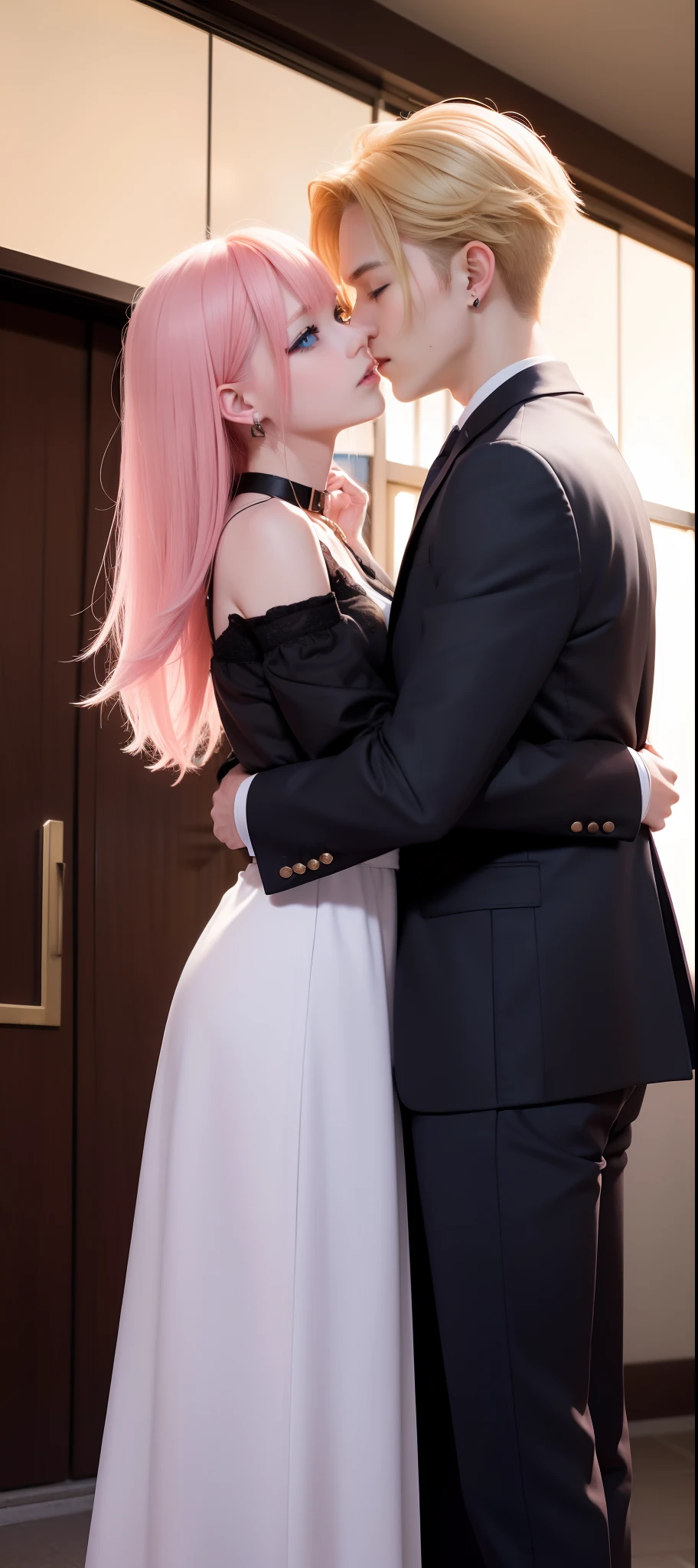 masterpiece, top-quality, 2Others, Male and female couples, 1 man and 1,, Adults, Height difference, different color, finely eye and detailed face, intricate detailes, high school summer uniform, High school couple, School Lab, In front of the main entrance, Hands on back, A smile, Happiness, tenderness, youthfulness, high-level image quality、 Beautiful men and women、tall、hug from behind、Trying to kiss、Kissing each other, window、nightfall、nighttime scene、𝓡𝓸𝓶𝓪𝓷𝓽𝓲𝓬、British men, Idol Photos, k pop, Professional Photos, Vampires, Fedoman with necklace, inspired by Sim Sa-jeong, androgynous vampire, :9 detailed face: 8, extra detailed face, detailed punk hair, ((asa)) baggy eyes, Seductive. Highly detailed, semi realistic anime, Vampires, hyperrealistic , delicate androgynous prince, imvu, short hair above the ears, Man with short hair, Woman with long hair, With a man with a glaring expression, Woman with a gentle expression, ((With a British man with short blond hair and light blue eyes)), ((Woman with pretty long pink hair and light blue eyes)),