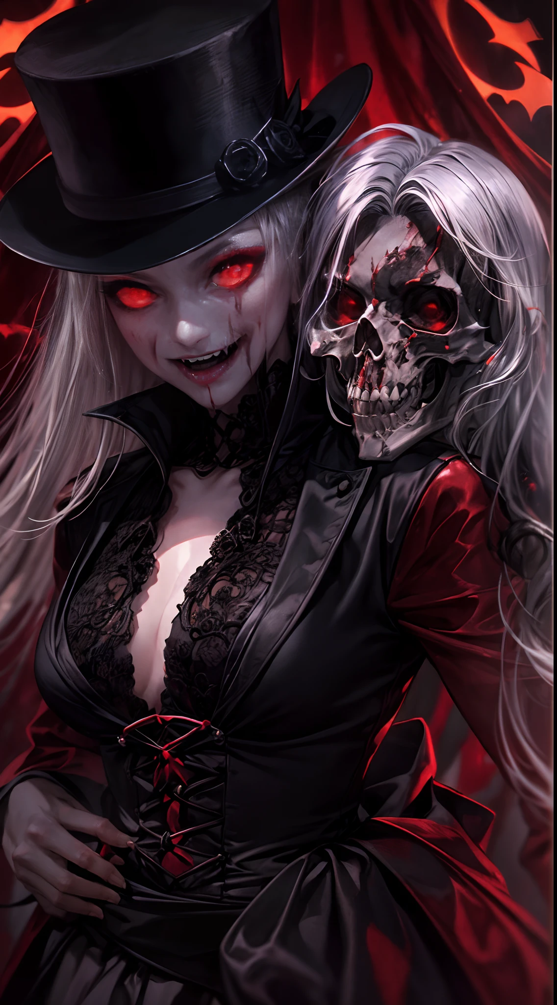 (opulent,A high resolution,super-fine),(Vampires),(((Red glowing eyes)))looks into camera,evil look,Clear facial features,(Top hat),Pull down the brim,Vampire fangs exposed,Wear gorgeous gothic dresses,Silvery hair,Biting the man's neck to suck blood,rosette,Skull decoration,the bats,The body is surrounded by red mist,rays of moonlight,Kingly temperament,cinematic rim light,The light is delicate,tmasterpiece,ultra - detailed,Epic composition,Super HD,high qulity,HighestQuali,32K
