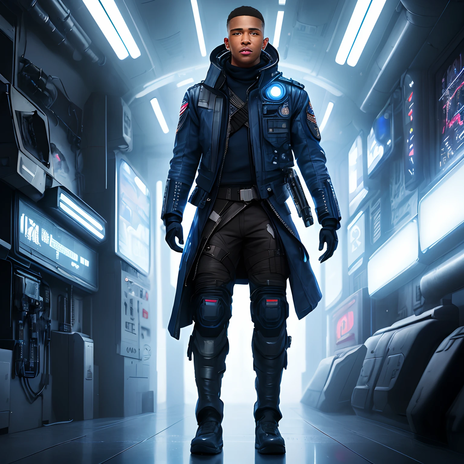 Blue military jacket, Style-BladeRunner2049-8v:0.7, a realistic photo of 1 mature young black man, Bryce James flying a ship in the costume of the StarLord of Guardians of the Galaxy in blue color with white and black details, military costume, full body, military pants, knee-high boot futuristic dark brown, blue knee pads, blue military jacket, military fingerless gloves,  cyberpunk nocturnal science lab, advanced technology, light glows, science fiction world, full body, closed mouth, best quality, highres,