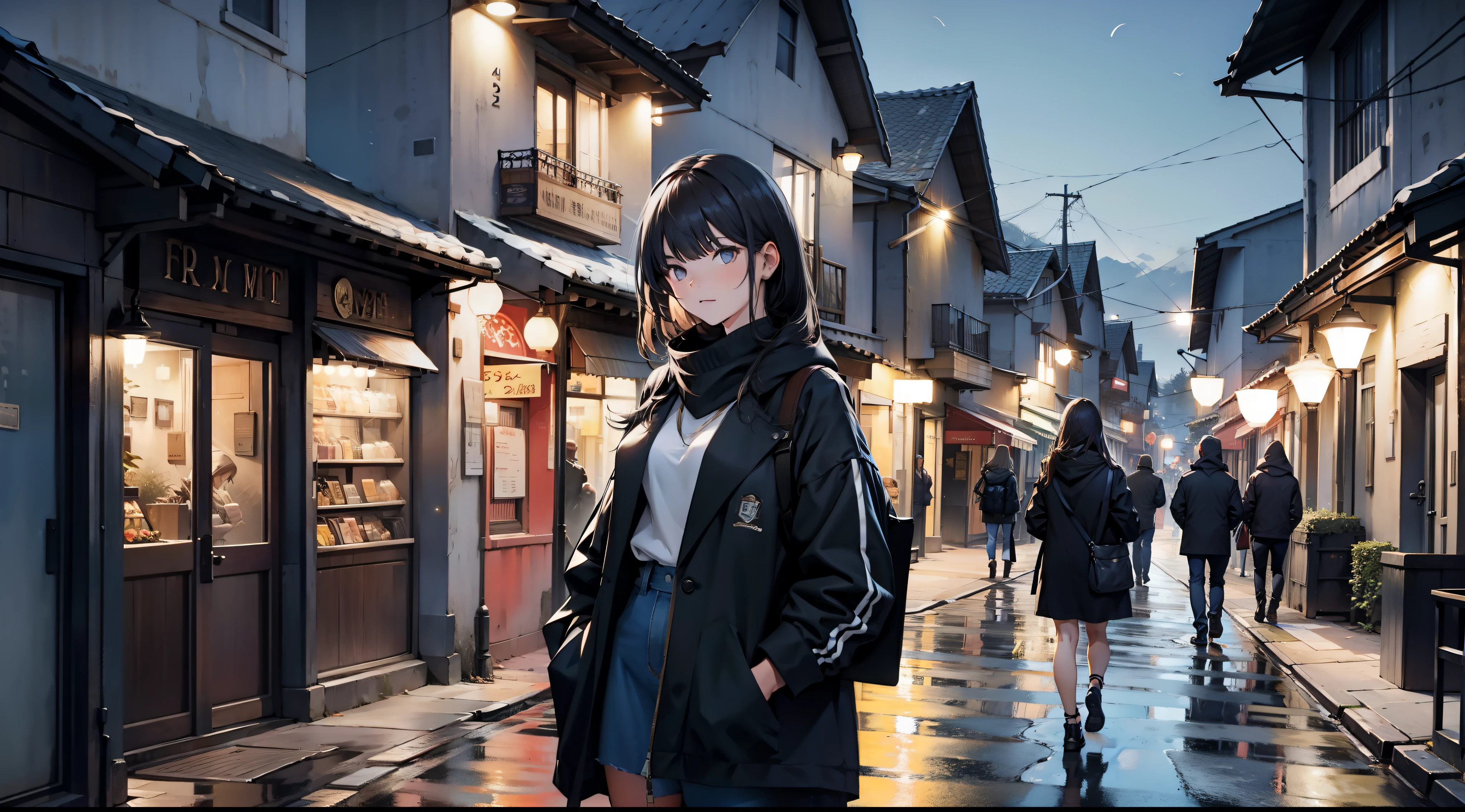 Girl in a modern town at night