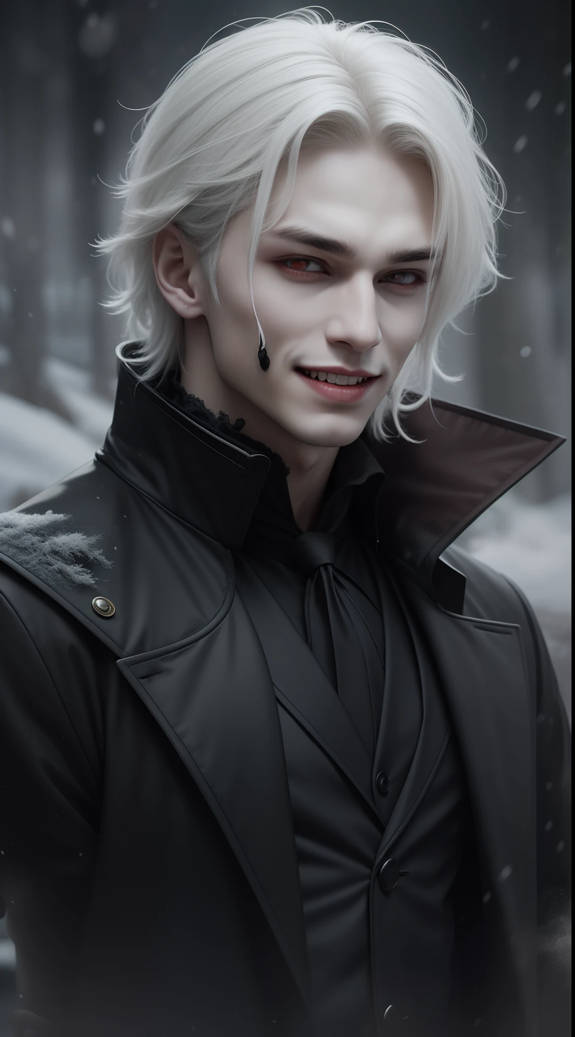 Vampires wear long black coats，Red eyes are his most striking feature，There seemed to be an evil aura hidden in his smile，His skin was as pale as snow，It shows a mysterious and majestic atmosphere。