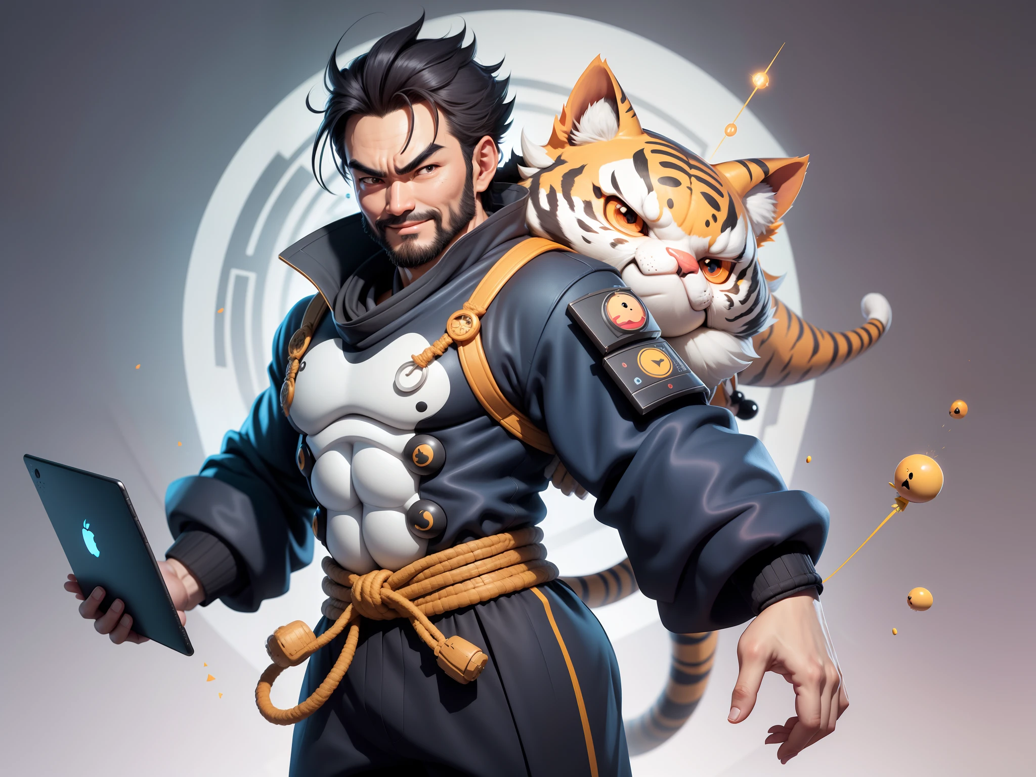 (Daisaku),(Need),(Super meticulous),(full bodyesbian:1.2),Super young man with Japanese geisha，Beautiful，orient，one tiger，Aeolian Thor，Raised sexy，爆乳，Oriental face，TV Anchor，Bust portrait illustration，In black suit，a blue tie，The face is slightly chubby，The face was clean，without a beard，Black super short hair，Black eyes，Smile confidently，3C computer sub-products，iPad， iphone，Digital painting，3D character design by Mark Clairen and Pixar and Hayao Miyazaki and Akira Toriyama，The illustration is a high-definition illustration in 4K resolution，With very detailed facial features and cartoon-style visuals。