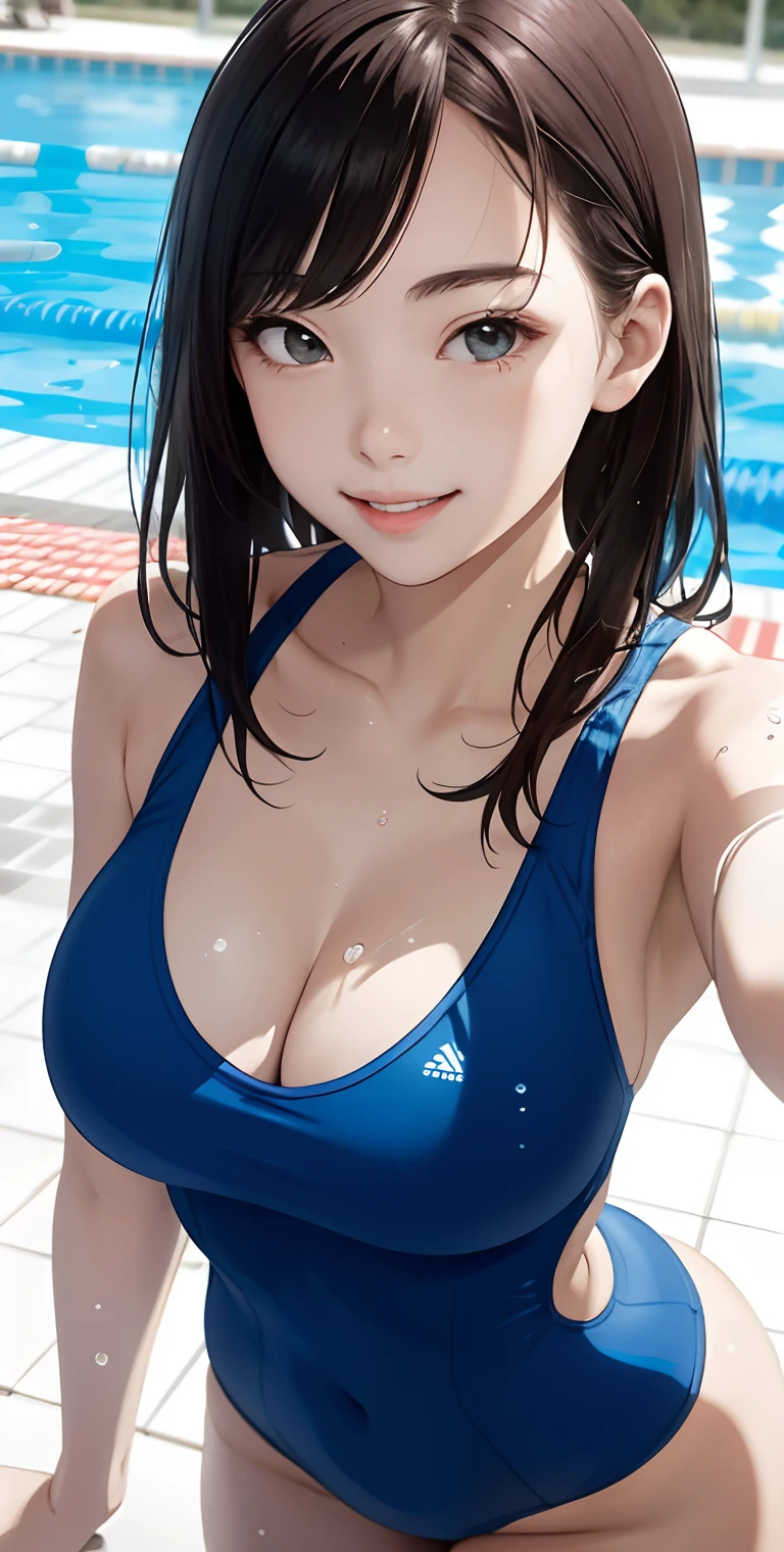 realisticlying、18-year-old girl、Wearing competitive swimsuits,Smile,Cleavage emphasis,Face Real,lips a little red,cheeks a little red,A sexy,swimming pools