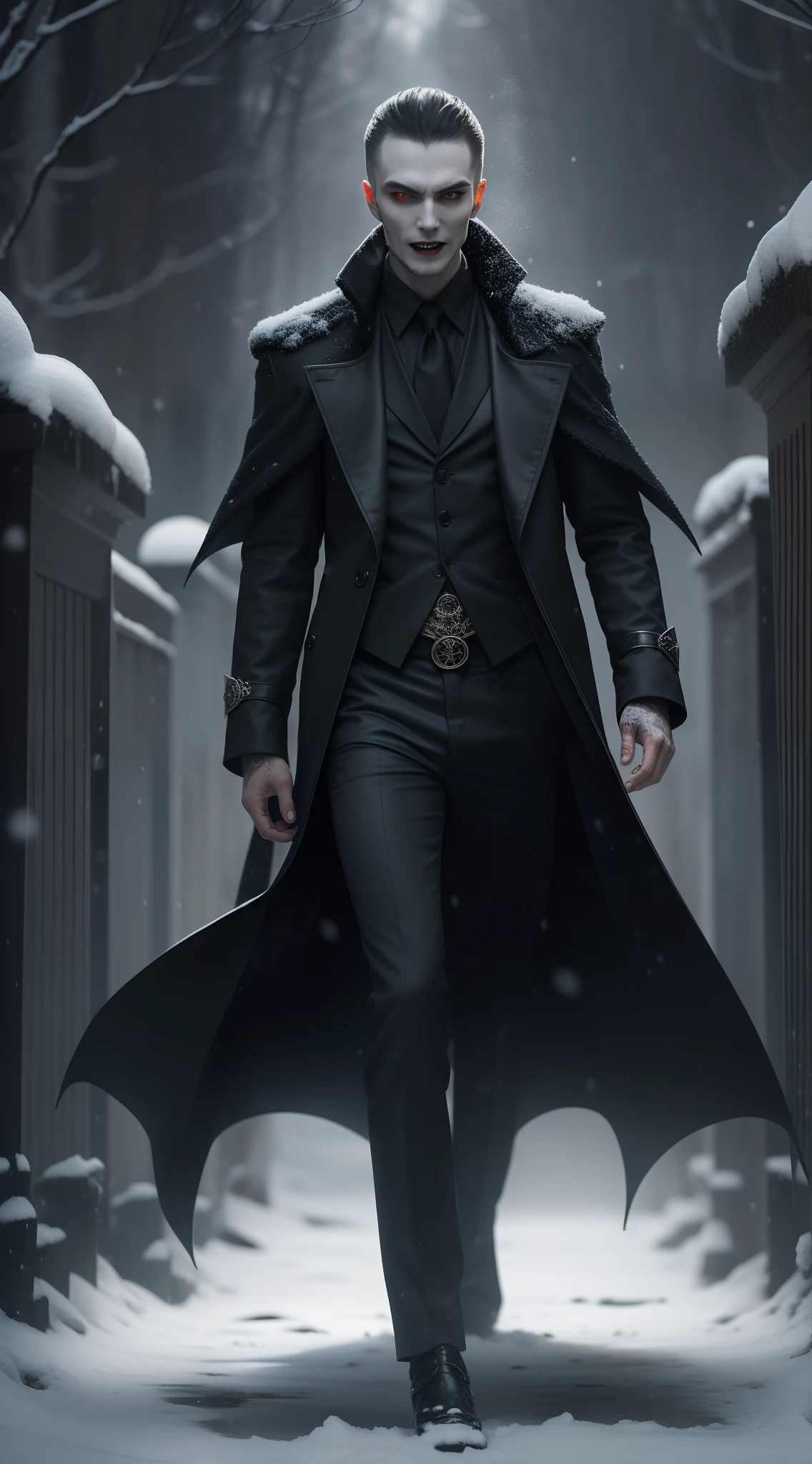 Vampires wear long black coats,Red eyes are his most striking feature,There seemed to be an evil aura hidden in his smile,His skin was as pale as snow,Vampire high heels,It shows a mysterious and majestic atmosphere。