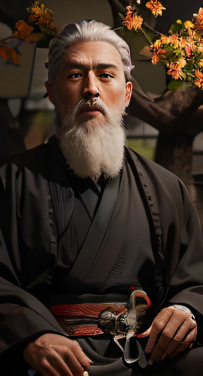 The white-bearded and black-robed Arafeld man sits in front of a tree, riichi ueshiba, ancient japanese monk, inspired by Wu Daozi, ueshiba riichi, miyamoto musashi, Taoist master, old jedi master, samurai portrait, Taoist, clothed in old samurai uniform, samurai portrait