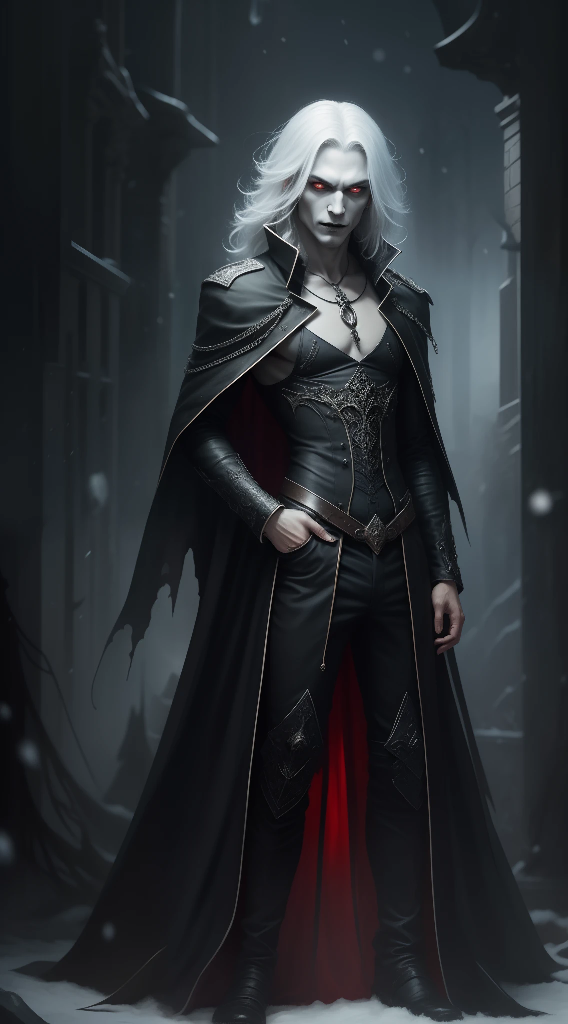 darkly， unholy，Creepy olpntng style，mistic，full body shot of，Vampires wear long black coats，Red eyes are his most striking feature，There seemed to be an evil aura hidden in his smile，His skin was as pale as snow，It shows a mysterious and majestic atmosphere。fantasy concept art， 8K分辨率， gothic deviantart masterpiece， The strokes are heavy， paint drips， darkly， Unholy， unholy， starlights， spine-chilling，