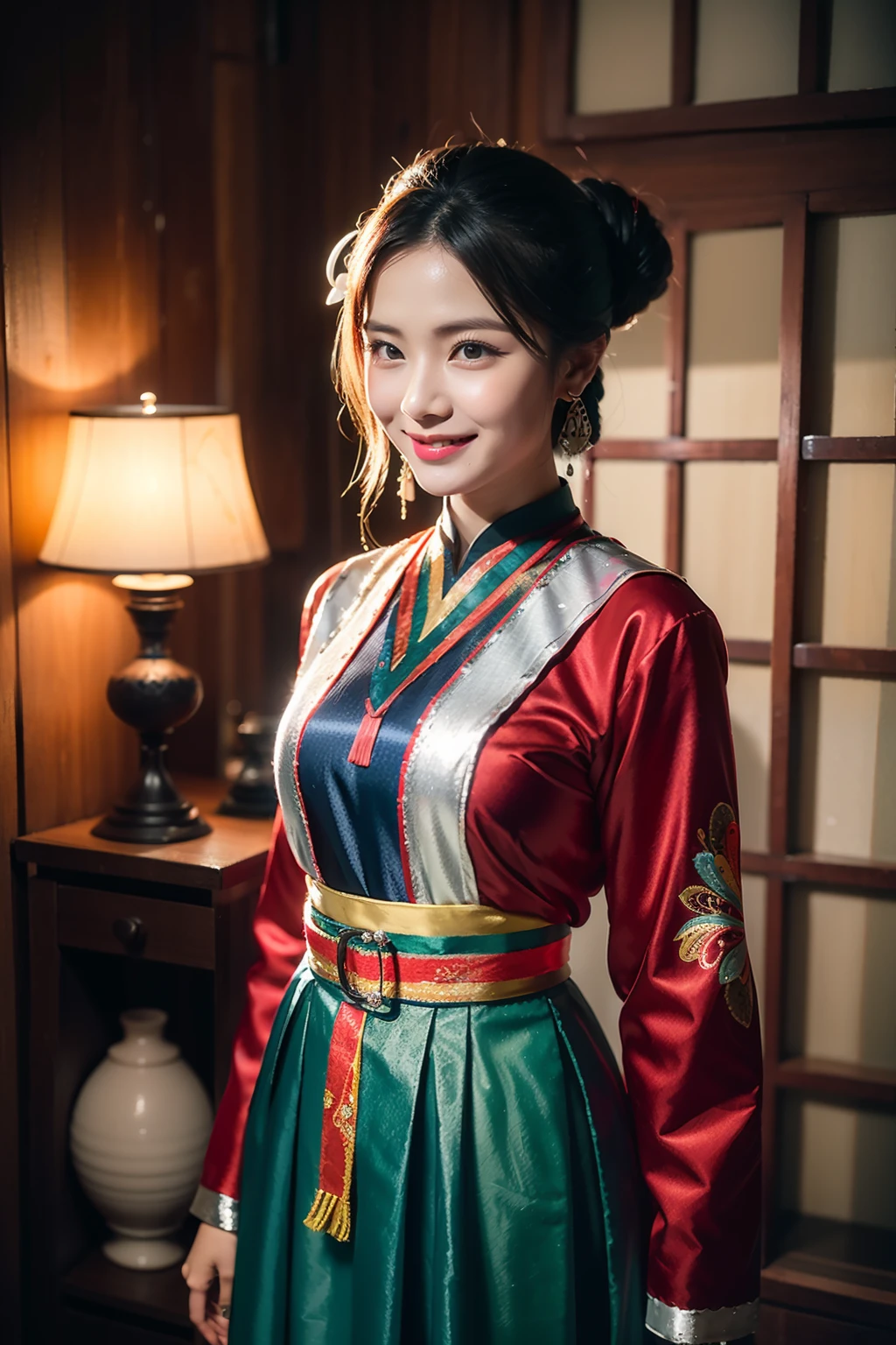 (8K分辨率,Vista full body photo),(1womanl,20yr old,s delicate face,详细的脸,Redlip,Fair smooth skin,(Classic Hmong costume:1.4,(Satin fabric with flowers,The cuffs are multi-colored horizontal strips,Cardigans,Short waist long version),Silver products,Silver necklace,Silver hairpins,topknot),(pleatedskirt,There is a belt(Hmong embroidery、batik)),耳Nipple Ring,bangle,Tall and tall,The action of the dialog box,perfect hand,Ultra-fine clothing material),(Traditional Xijiang Miao village,Festive party night background in cottage,Exquisite environmental details),(exhilarated,confident smile,Rejoice),(profesional lighting,动态照明),((The colors are more balanced,(black in color,blue colors,red colour))),(Golden section,Cinema lenses,Hasselblad photograp,tmasterpiece:1.3),(Miaozhai idol,Focus on the field,trendsetting,Folklore artist,Art platform)