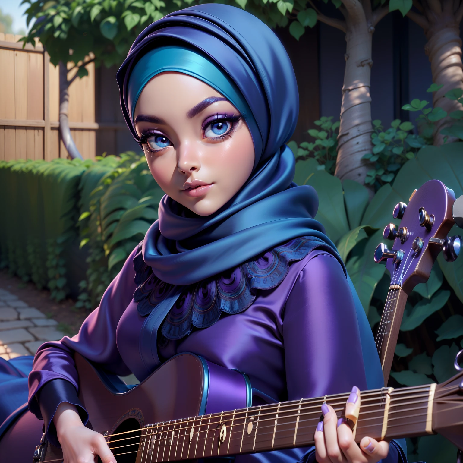 3dmm style, ((Masterpiece, best quality, photography, detailed skin, realistic, photo-realistic, 3D Character Design, pixar, real cartoon, 8k, highly detailed, full length frame, High detail RAW color art, diffused soft lighting, shallow depth of field, sharp focus, hyperrealism, cinematic lighting, ((close up)) hijab, a woman in a beautifully makeup, (purple eyeshadow), brown beautiful big eyes, long eye lashes, wearing ((blue satin hijab)), loosely tide hijab style, ((blue satin shirt)), satin long maxi skirt, music, playing guitar, sitting in the garden, outdoors
