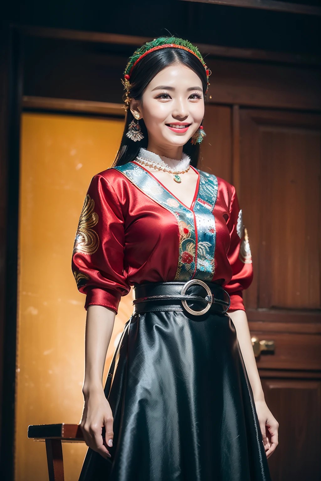（8K分辨率，Vista full body photo），（1womanl，20yr old，s delicate face，详细的脸，Redlip，Fair smooth skin，（Classic Hmong costume：1.4，（Satin fabric with flowers，The cuffs are multi-colored horizontal strips，Cardigans，Short waist long version），Silver products，Silver necklace，Silver hairpins，topknot），（pleatedskirt，There is a belt（Hmong embroidery、batik）），耳Nipple Ring，bangle，Tall and tall，The action of the dialog box，perfect hand，Ultra-fine clothing material），（Traditional Xijiang Miao village，Festive party night background in cottage，Exquisite environmental details），（exhilarated，confident smile，Rejoice），（profesional lighting，动态照明），（（The colors are more balanced，（black in color，blue colors，red colour））），（Golden section，Cinema lenses，Hasselblad photograp，tmasterpiece：1.3），（Miaozhai idol，Focus on the field，trendsetting，Folklore artist，Art platform）