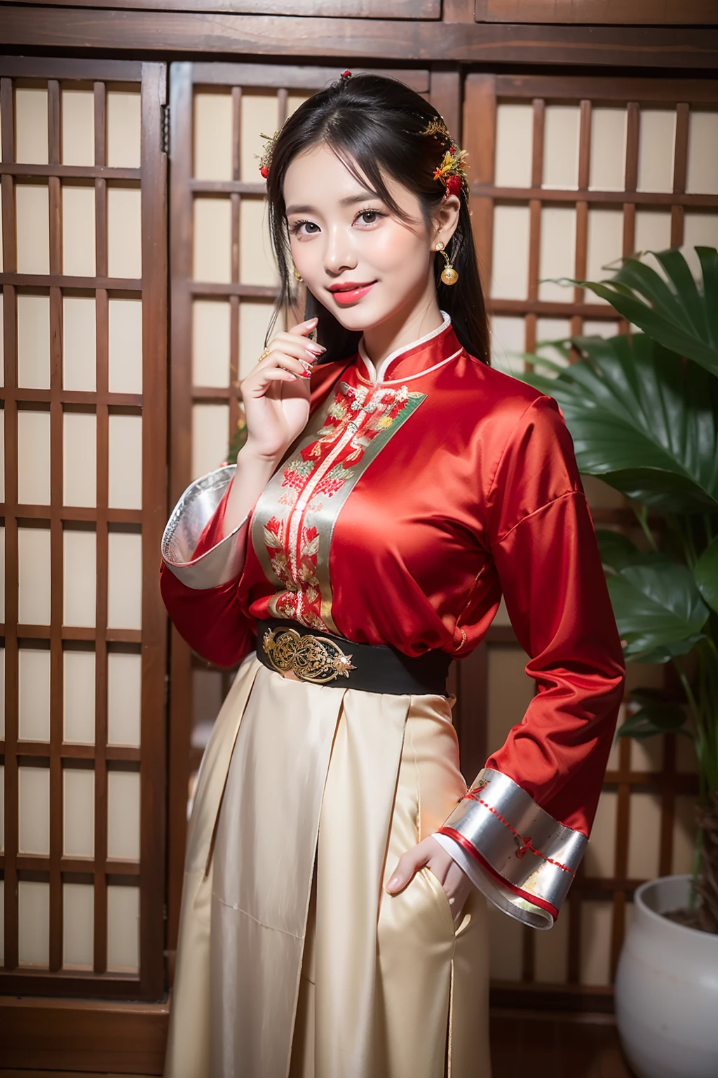 （8K分辨率，Vista full body photo），（1womanl，20yr old，s delicate face，详细的脸，Redlip，Fair smooth skin，（Classic Hmong costume：1.4，（Satin fabric with flowers，The cuffs are multi-colored horizontal strips，Cardigans，Short waist long version），Silver products，Silver necklace，Silver hairpins，topknot），（pleatedskirt，There is a belt（Hmong embroidery、batik）），耳Nipple Ring，bangle，Tall and tall，The action of the dialog box，perfect hand，Ultra-fine clothing material），（Traditional Xijiang Miao village，Festive party night background in cottage，Exquisite environmental details），（exhilarated，confident smile，Rejoice），（profesional lighting，动态照明），（（The colors are more balanced，（black in color，blue colors，red colour））），（Golden section，Cinema lenses，Hasselblad photograp，tmasterpiece：1.3），（Miaozhai idol，Focus on the field，trendsetting，Folklore artist，Art platform）