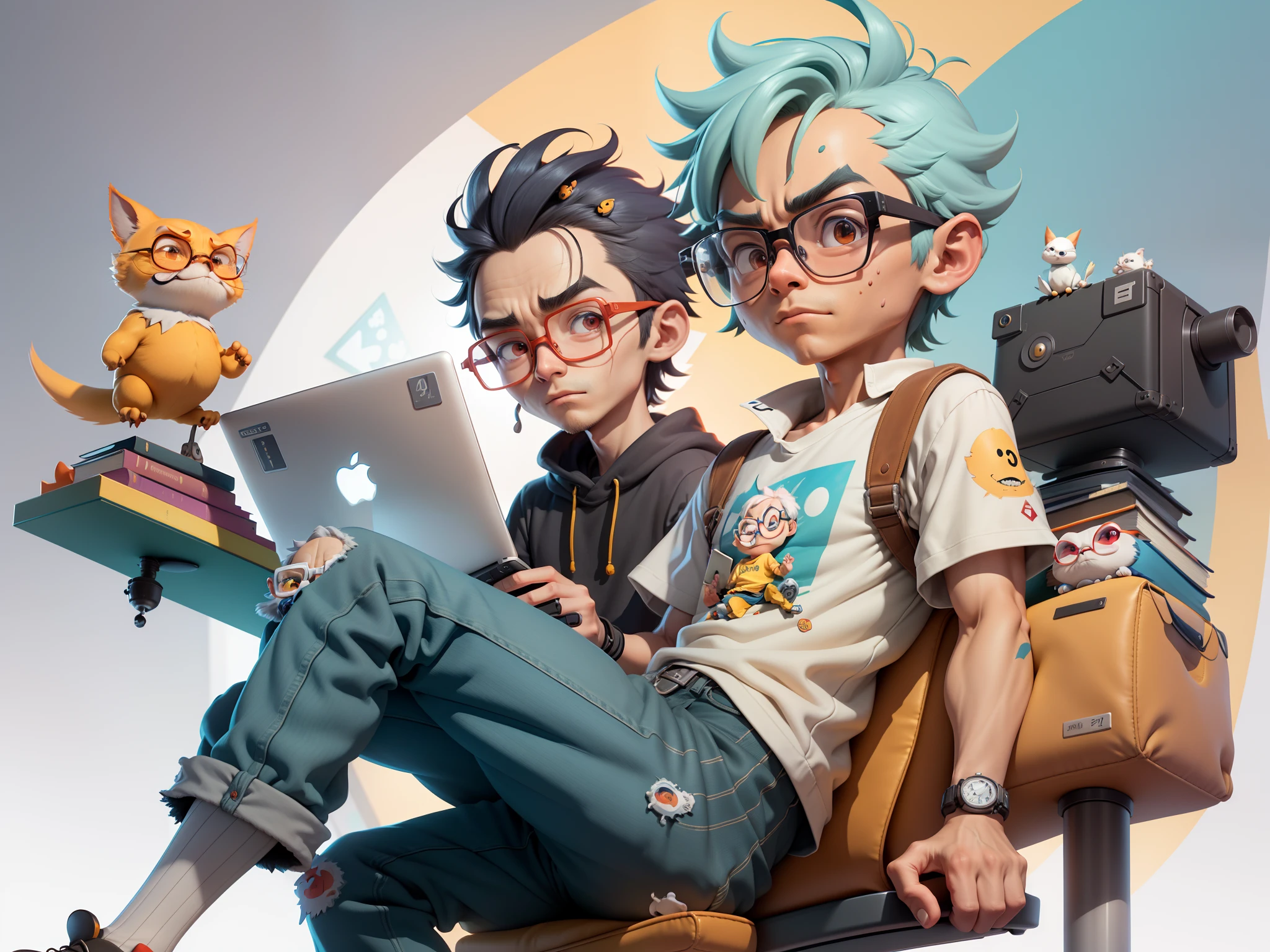 A young man with glasses sits at his desk，holding laptop，digitial painting，3D character design by Mark Clairen and Pixar and Hayao Miyazaki and Akira Toriyama，4K HD illustration，Very detailed facial features and cartoon-style visuals。