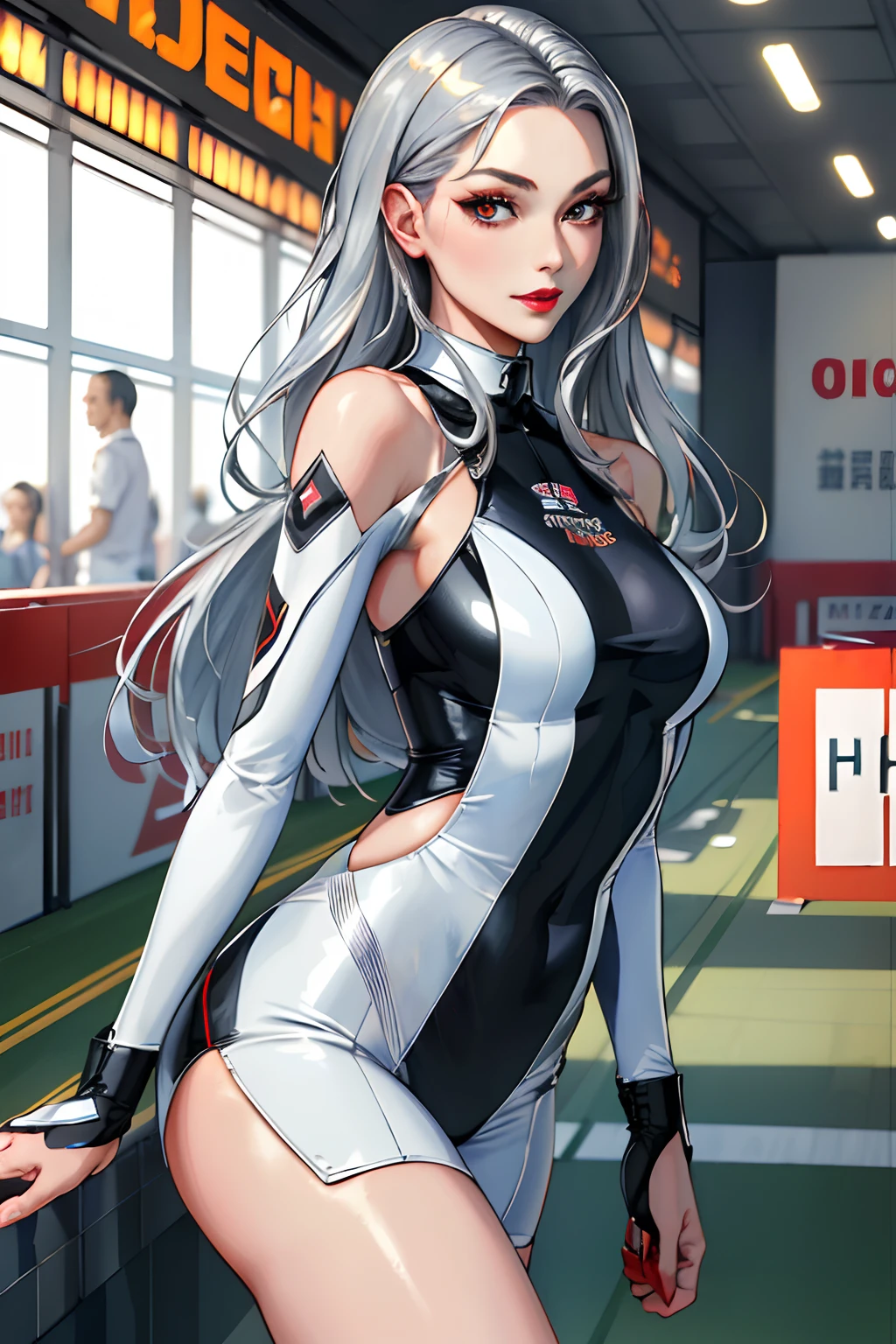 (masterpiece:1.4)、(top-quality:1.4)、
1girl in, Bewitching Grid Girl, Long silver hair, looking at the viewers, 独奏 ,realisitic,(shinny skin),(masterpiece:1.4),(top-quality:1.4),red-lips、Racetrack、Race Queen