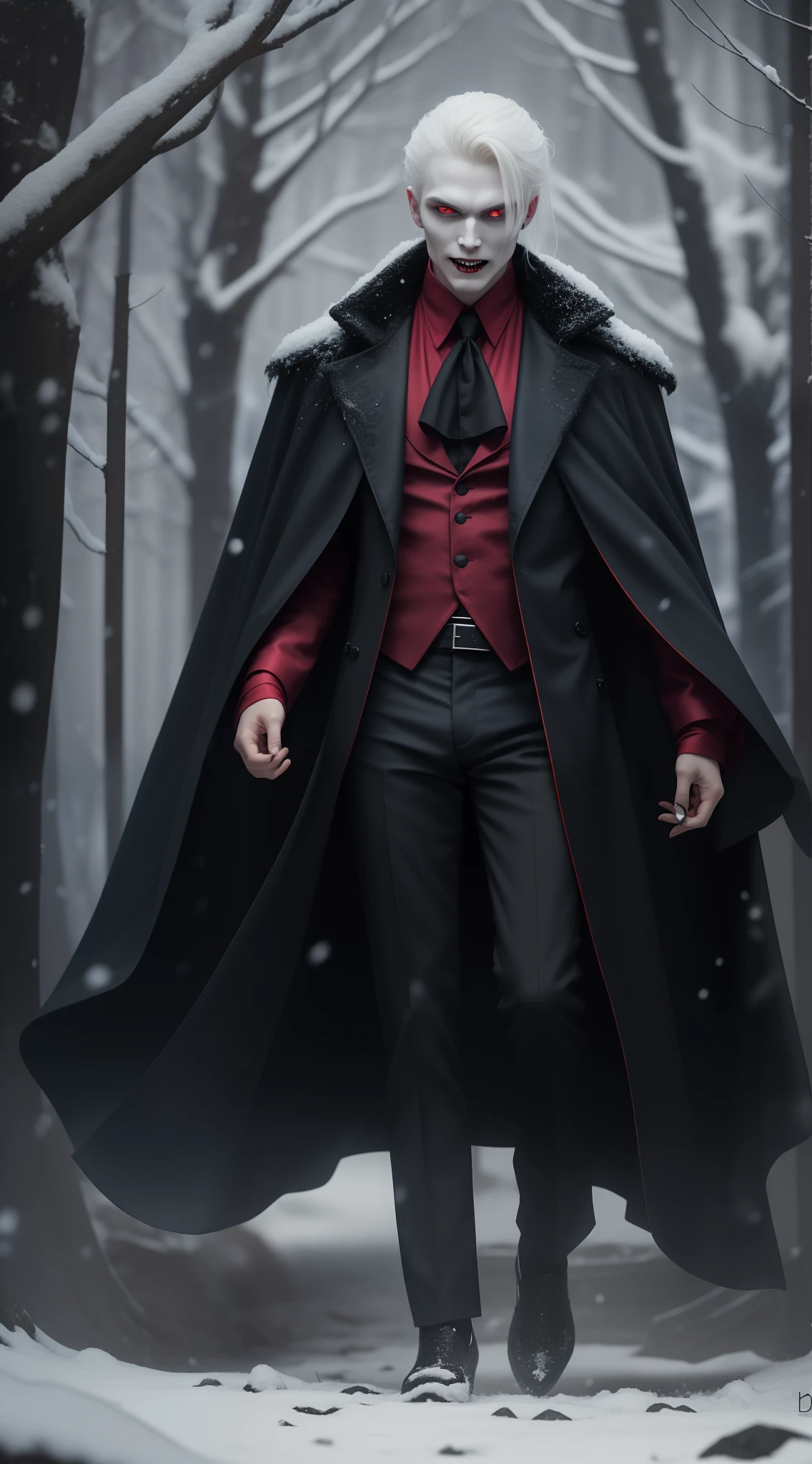 Creepy olpntng style,mistic,full body shot of,Vampires wear long black coats,Red eyes are his most striking feature,There seemed to be an evil aura hidden in his smile,His skin was as pale as snow,Vampire high heels,It shows a mysterious and majestic atmosphere。