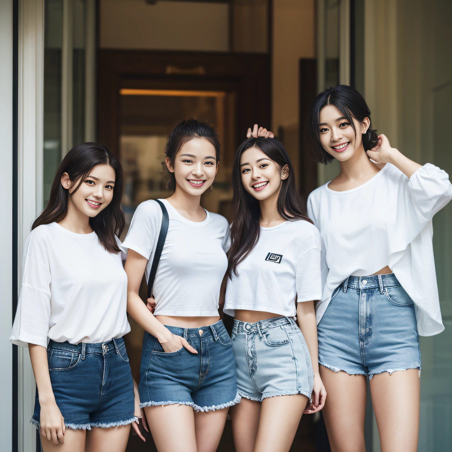 Smiled face、white shirt、Denim shorts