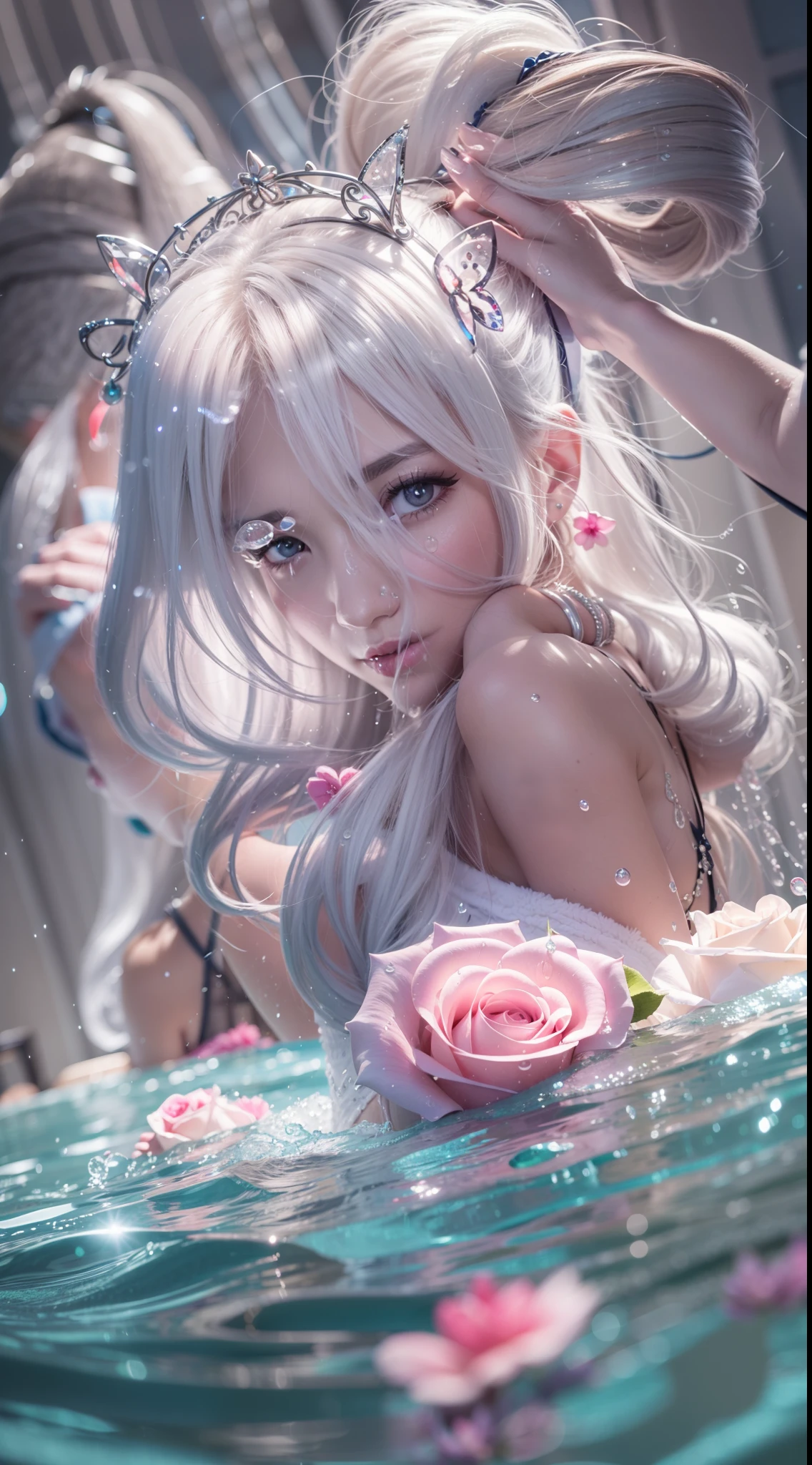 facing away from the audience，Silver-haired woman with double ponytail，watery big eyes，Pink hair accessories，Enchanted smile，Half of the pool comes out of the water，Detailed depiction of water droplets on the body，Delicate back rose pattern tattoo comes to life，The water surface is foggy，Blur light effects，Close-up shot，Best quality photos，16K High Resolution。