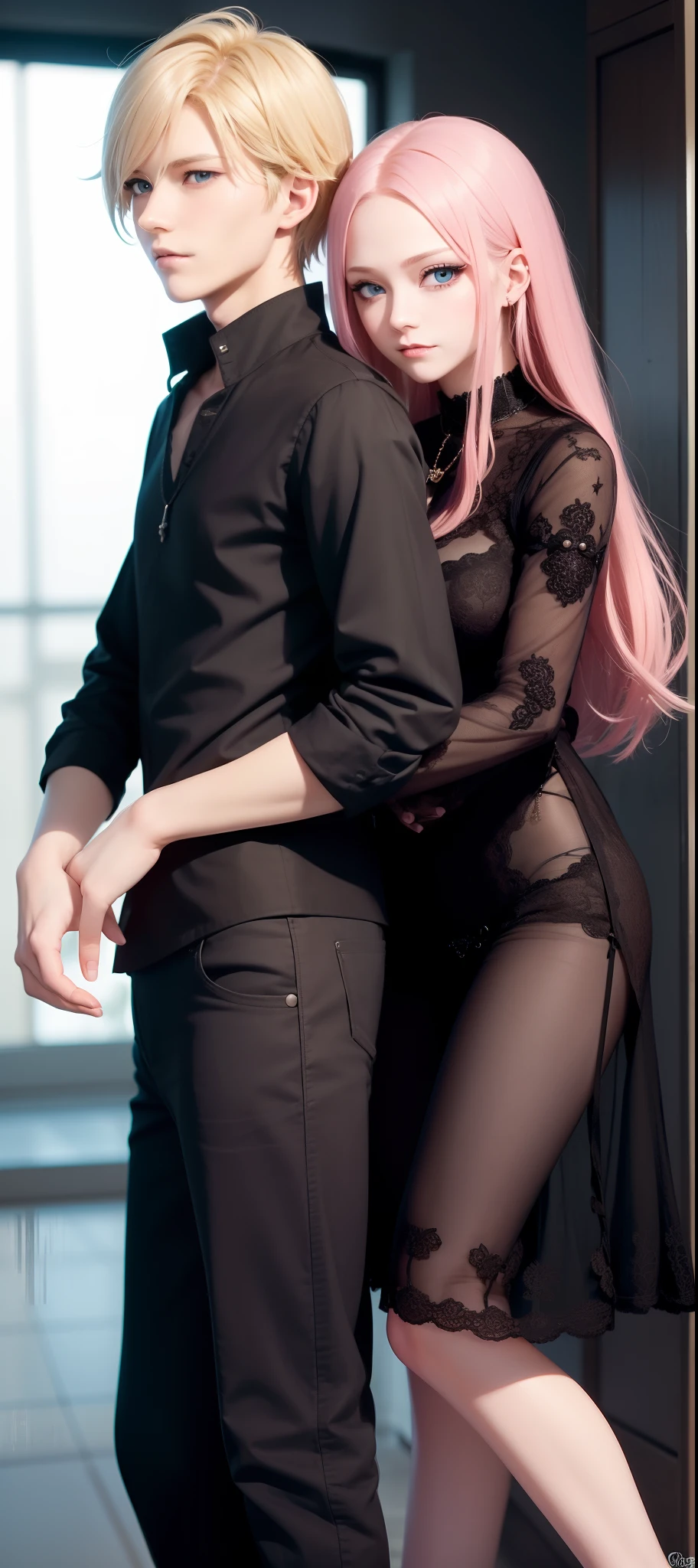 masterpiece, top-quality, 2Others, Male and female couples, 1 man and 1,, Adults, Height difference, different color, finely eye and detailed face, intricate detailes, high school summer uniform, High school couple, School Lab, In front of the main entrance, Hands on back, A smile, Happiness, tenderness, youthfulness, high-level image quality、 Beautiful men and women、tall、hug from behind、Trying to kiss、Kissing each other, window、nightfall、nighttime scene、𝓡𝓸𝓶𝓪𝓷𝓽𝓲𝓬、British men, Idol Photos, k pop, Professional Photos, Vampires, Fedoman with necklace, inspired by Sim Sa-jeong, androgynous vampire, :9 detailed face: 8, extra detailed face, detailed punk hair, ((asa)) baggy eyes, Seductive. Highly detailed, semi realistic anime, Vampires, hyperrealistic , delicate androgynous prince, imvu, short hair above the ears, Man with short hair, Woman with long hair, With a man with a glaring expression, Woman with a gentle expression, ((With an Englishman with short blonde hair and light blue eyes)), ((Woman with pretty long pink hair and light blue eyes)),