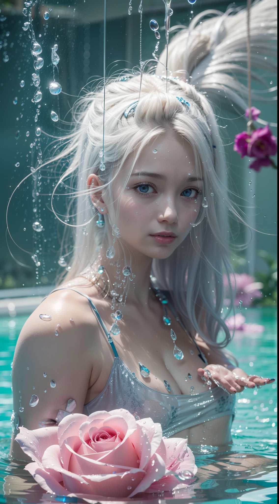 facing away from the audience，Silver-haired woman with double ponytail，watery big eyes，Pink hair accessories，Enchanted smile，Half of the pool comes out of the water，Detailed depiction of water droplets on the body，Delicate back rose pattern tattoo comes to life，The water surface is foggy，Blur light effects，Close-up shot，Best quality photos，16K High Resolution。